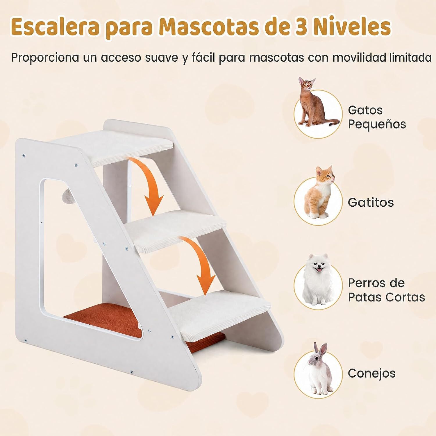 COSTWAY Escalera para Perros y Gatos de 3 Niveles con Pana Antideslizante | Rampa para Perros con Cama Acogedora y Juguete Colgante con Cascabel, Escalones para Mascotas, Acceso al Sof&aacute;, Cama, Ventana, , large Imagen numero 3