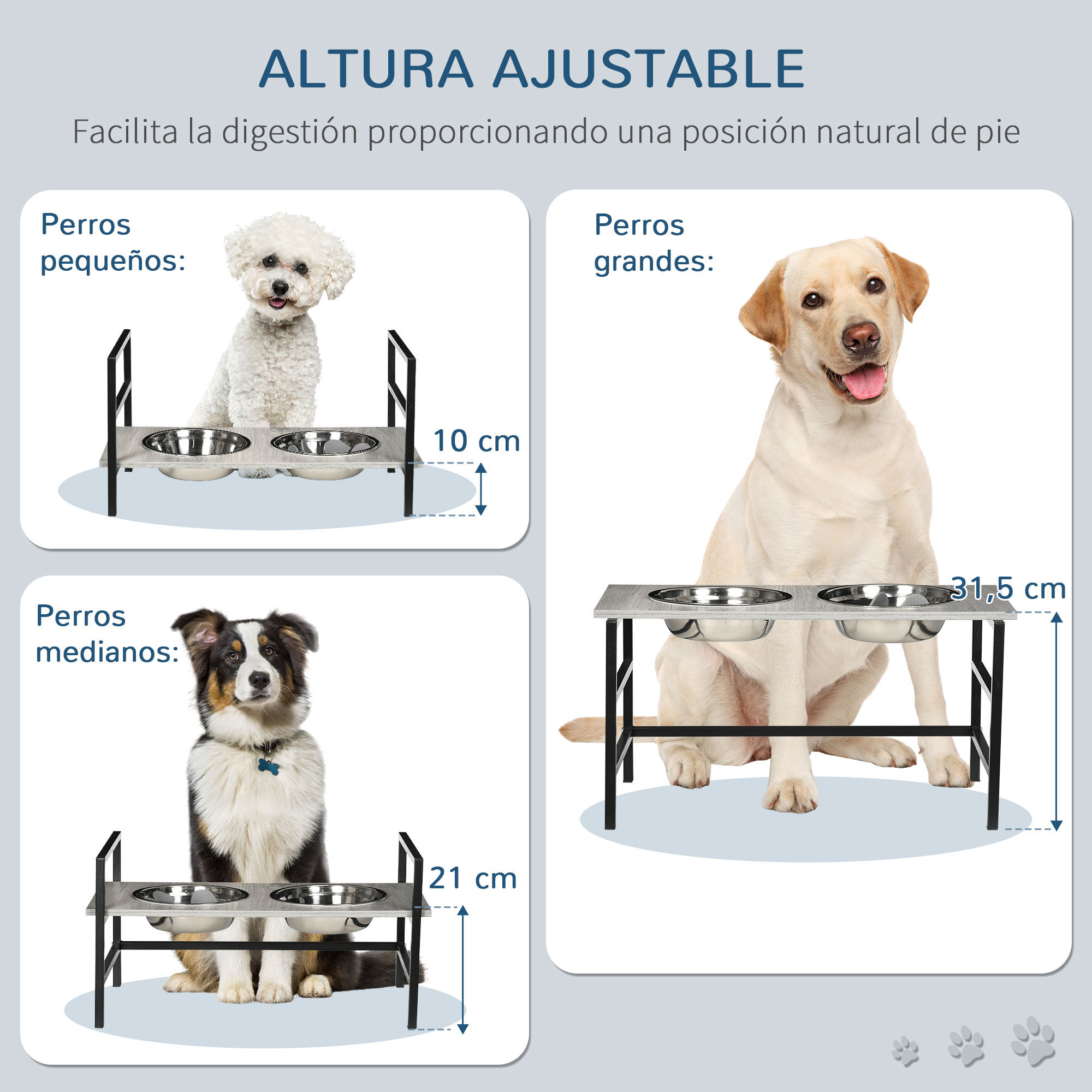 PawHut Comedero Elevado para Perros Altura Ajustable Cuencos para Perros con 2 Tazones 1100ml de Acero Inoxidable Tapete y Alimentador Lento 60x33x10-31,5 cm Gris, , large Imagen numero 4