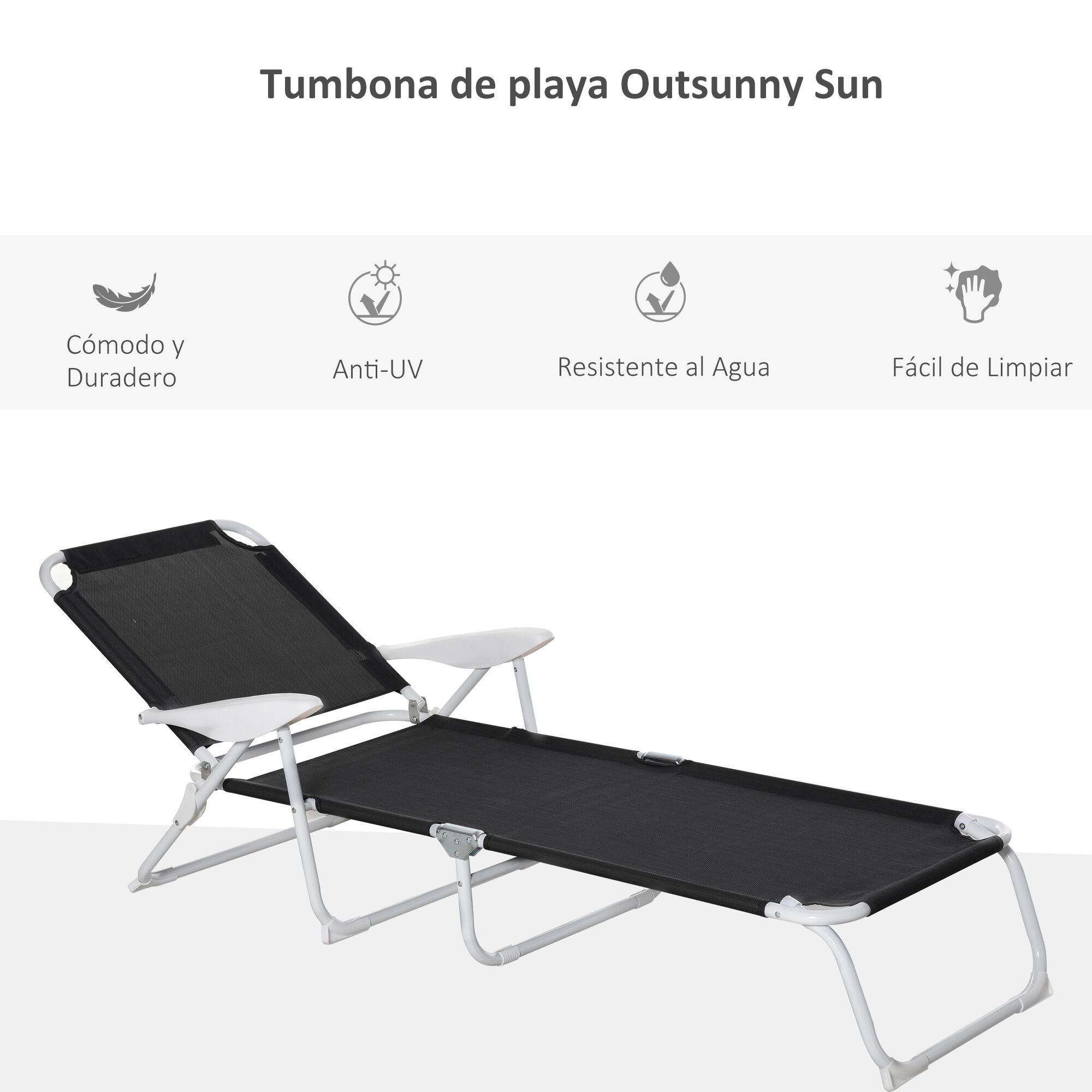 Outsunny Tumbona Reclinable y Plegable de Jard&iacute;n con Respaldo Ajustable en 4 Posiciones Marco de Metal TextelineTranspirable 186x66x80 cm Negro, , large Imagen numero 4