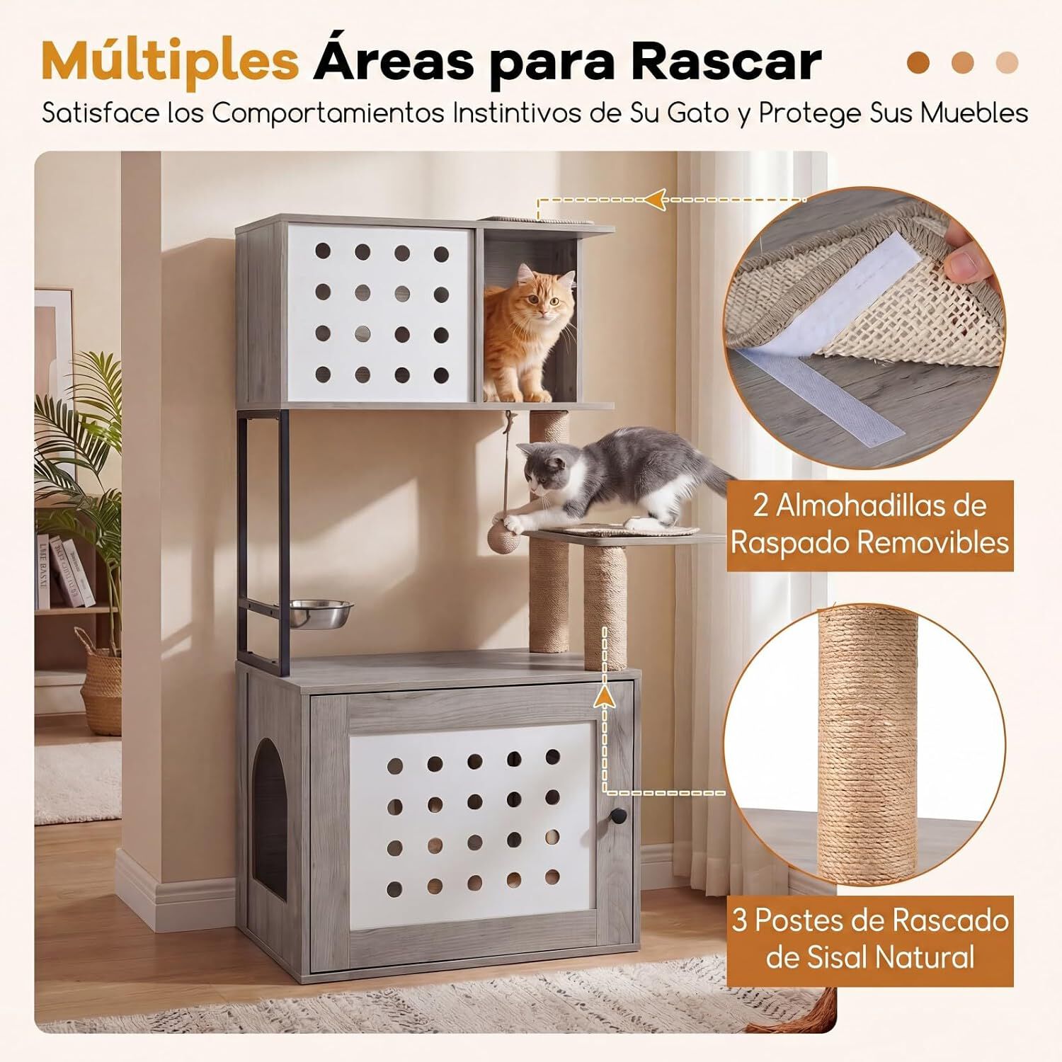COSTWAY &Aacute;rbol Rascador para Gatos, Torre para Gatos de de M&uacute;ltiples Niveles con Postes Rascadores de Sisal, Condo, Zona de Alimentaci&oacute;n y Bola Colgante y Recinto para Caja de Arena, 117,5 cm (Gris), , large Imagen numero 3
