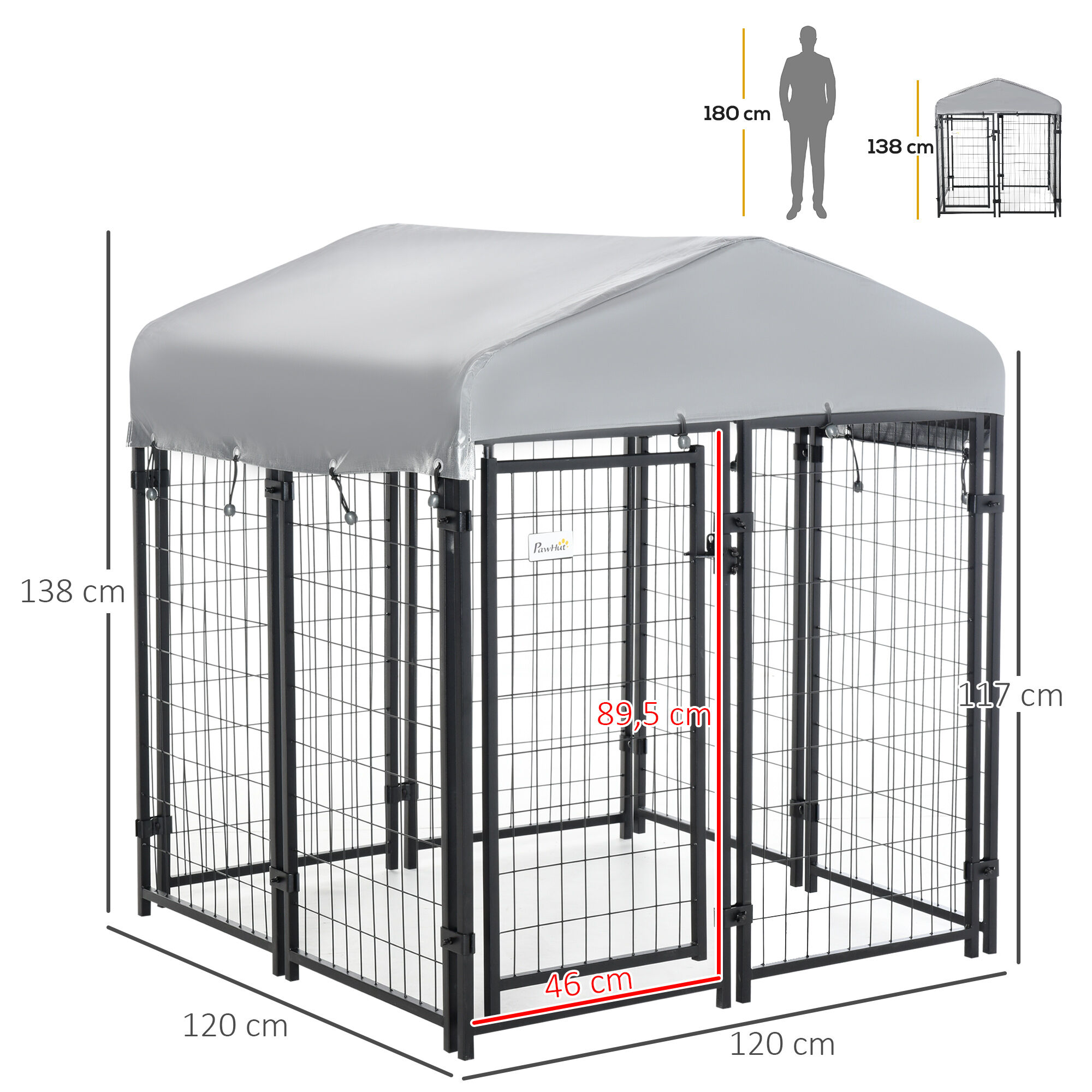 Pawhut Perrera de Exterior con Techo 120x120x138 cm Jaula para Perros Parque para Mascotas con Malla de Metal y Puerta con Cerradura para Jard&iacute;n Patio Plata., , large Imagen numero 3