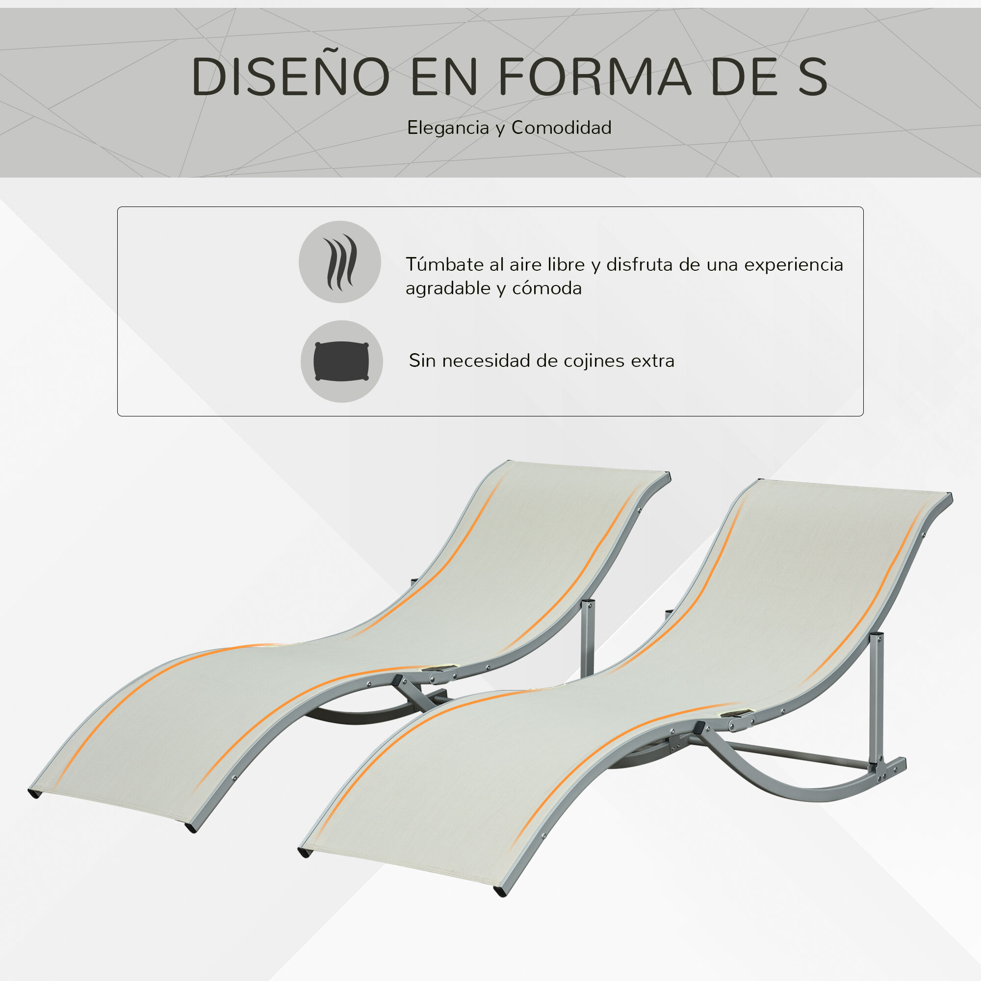 Outsunny 2 Tumbonas Plegables en Forma de S Ergon&oacute;mica con Marco de Aluminio Texteline para Piscina Patio Jard&iacute;n Terraza 165x61x63 cm Beige, , large Imagen numero 5