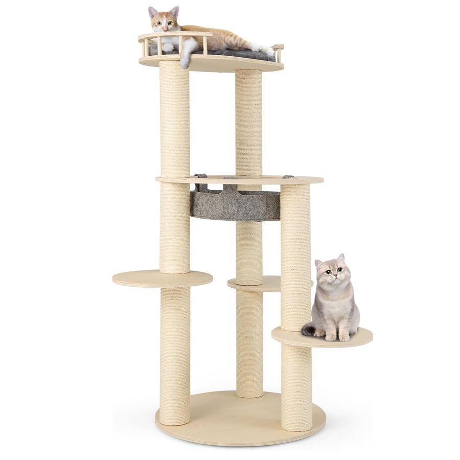 COSTWAY Rascador para Gatos de 150cm, Arbol Rascador para Gatos de 6 Niveles, con Percha Acolchada, Hamaca Colgante, 3 Rascadores para Gatos de Sisal, 4 Plataformas, Gris+Natural, 66x66x150cm, , large Imagen numero 1