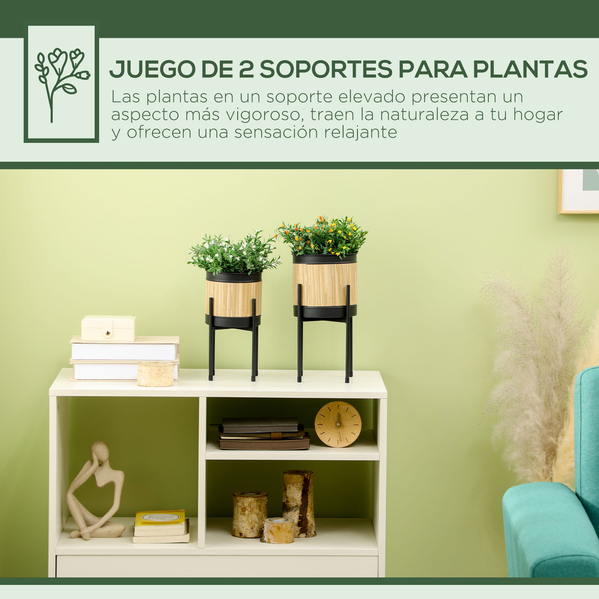 Outsunny Juego de 2 Soportes para Plantas de Metal Cubierta de Totora Soportes para Macetas Maceteros Redondos para Sal&oacute;n Cocina Dormitorio &Oslash;16x30 cm y &Oslash;14x25,5 cm Negro, , large Imagen numero 4