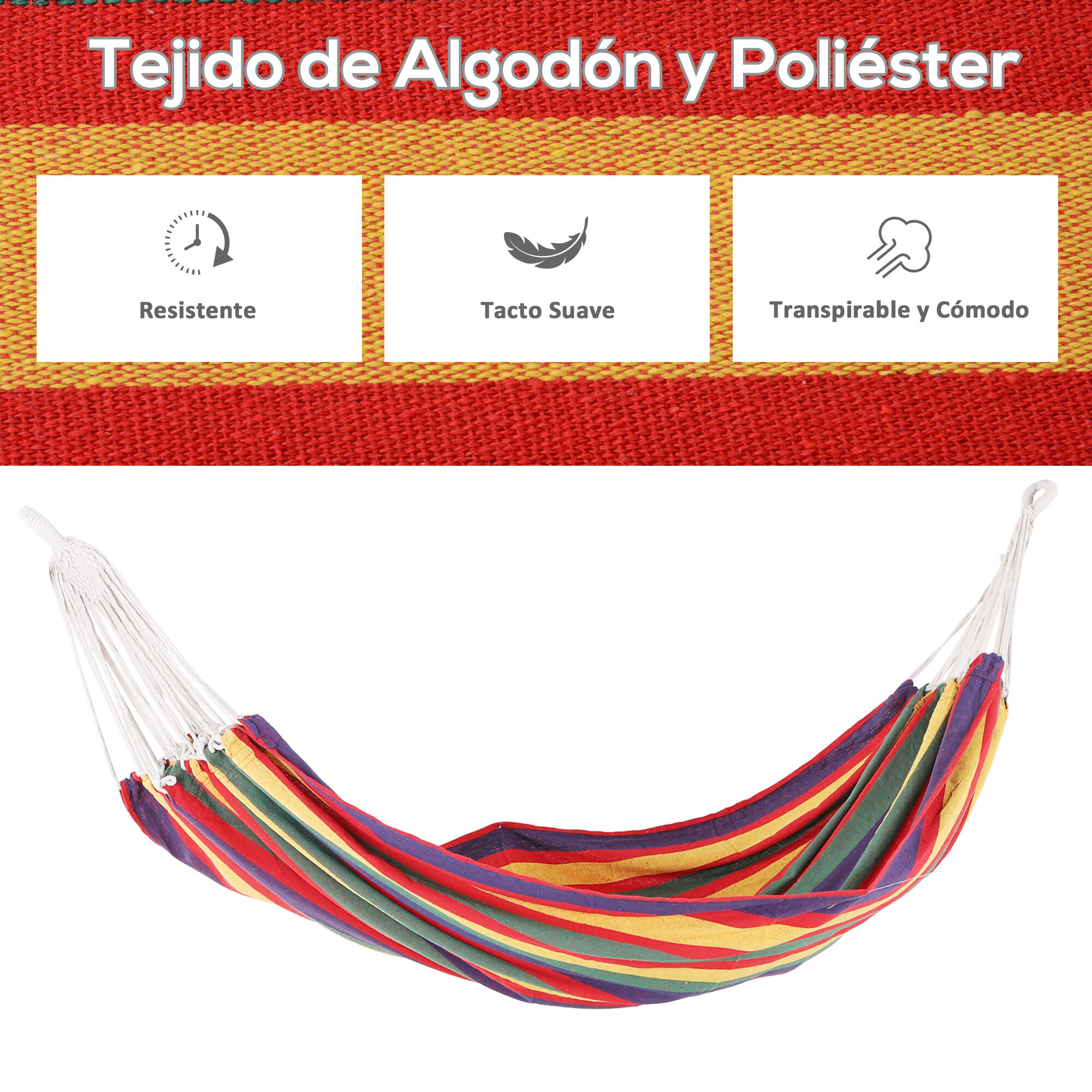 Outsunny Hamaca de Algod&oacute;n para Jard&iacute;n 200x100 cm Hamaca Colgante Port&aacute;til Carga M&aacute;x. 120 kg para Acampar Piscina Camping Rayas Multicolor, , large Imagen numero 5