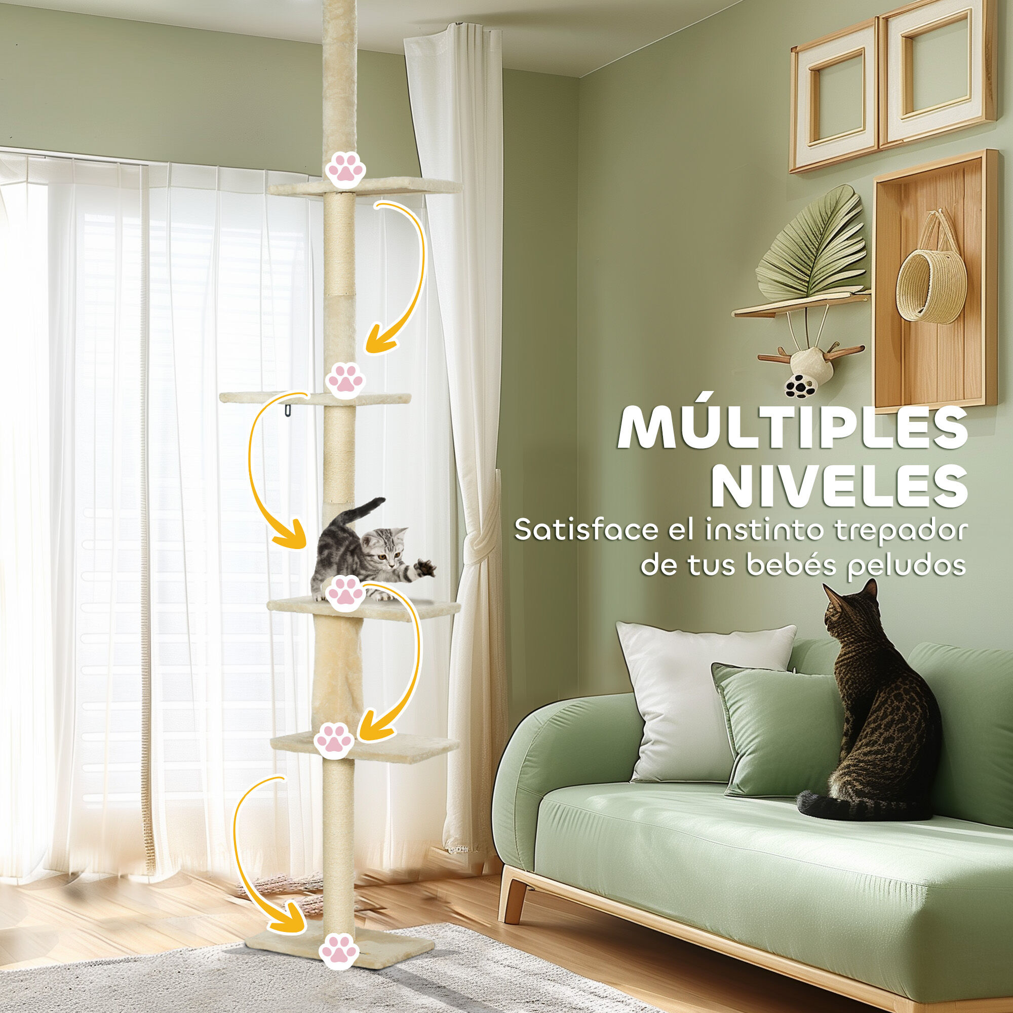PawHut &Aacute;rbol para Gatos de Suelo a Techo 225-275 cm &Aacute;rbol Rascador para Gatos Torre para Gatos con M&uacute;ltiples Plataformas Sistema de Antivuelco Crema, , large Imagen numero 5