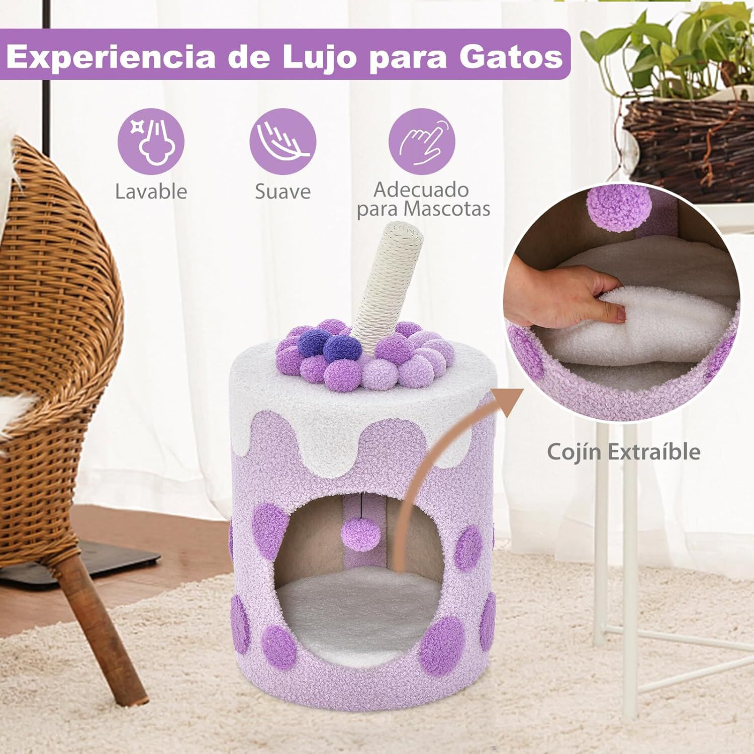 COSTWAY Torre de &Aacute;rbol para Gatos en Forma de T&eacute; de Burbujas, Condominio para Gatos, Cueva para Gatos con Rascador de Sisal y Bola Colgante (Morado y Blanco), , large Imagen numero 4