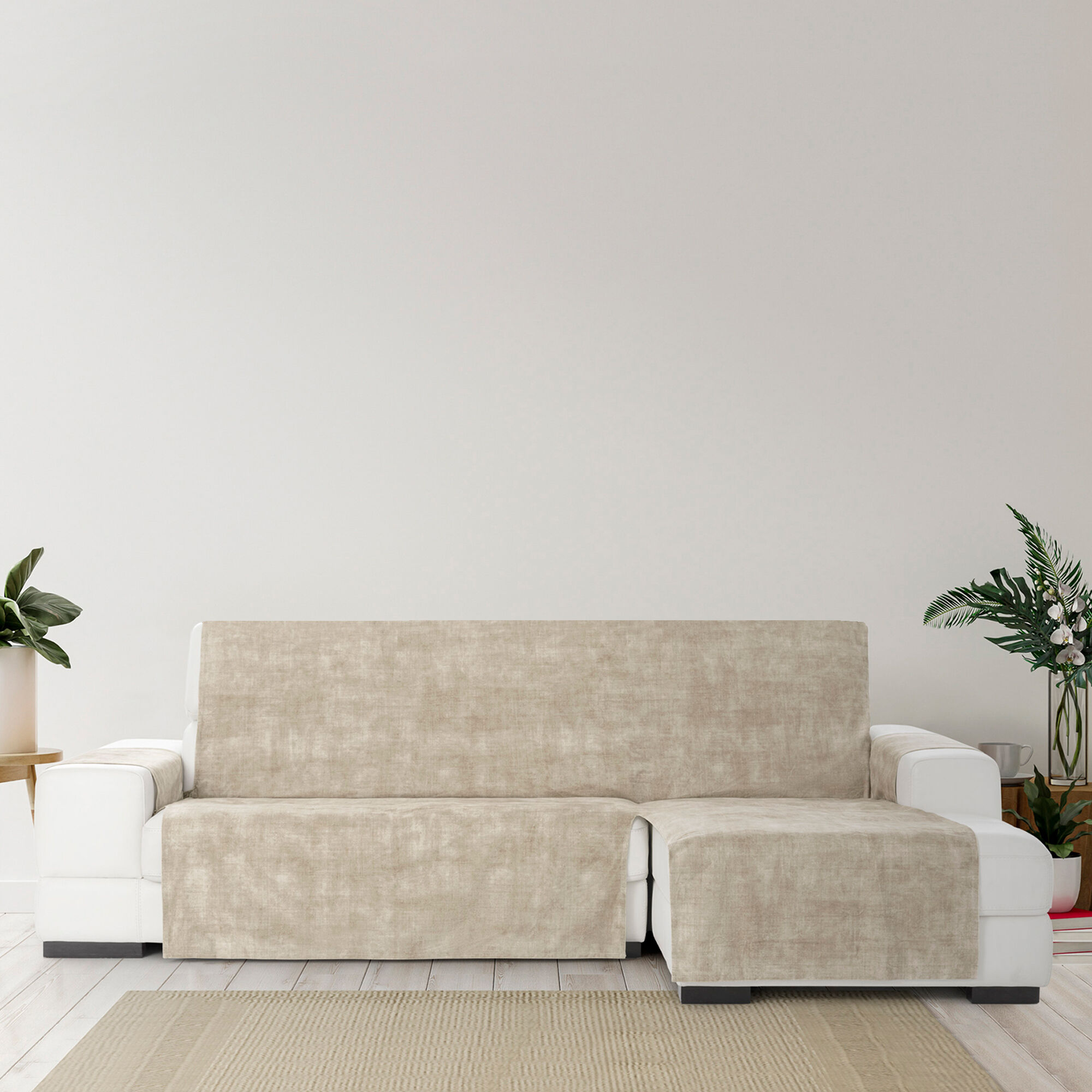 Cubre Sof&aacute; Protector Antimanchas acabado aterciopelado Marfil Chaise Longue Derecho 240 cm (250-300 cm), , large Imagen numero 3