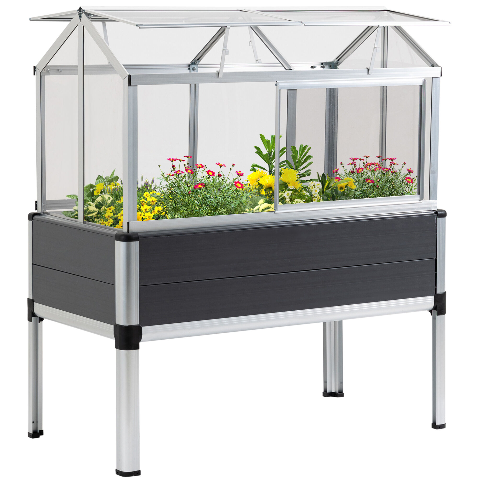Outsunny Huerto Urbano Elevado 113,5x61x128,5 cm con Cubierta de Policarbonato con Techos Abatibles y Ventanas Correderas Marco de Aluminio y PVC para Plantas Flores Gris, , large Imagen numero 1