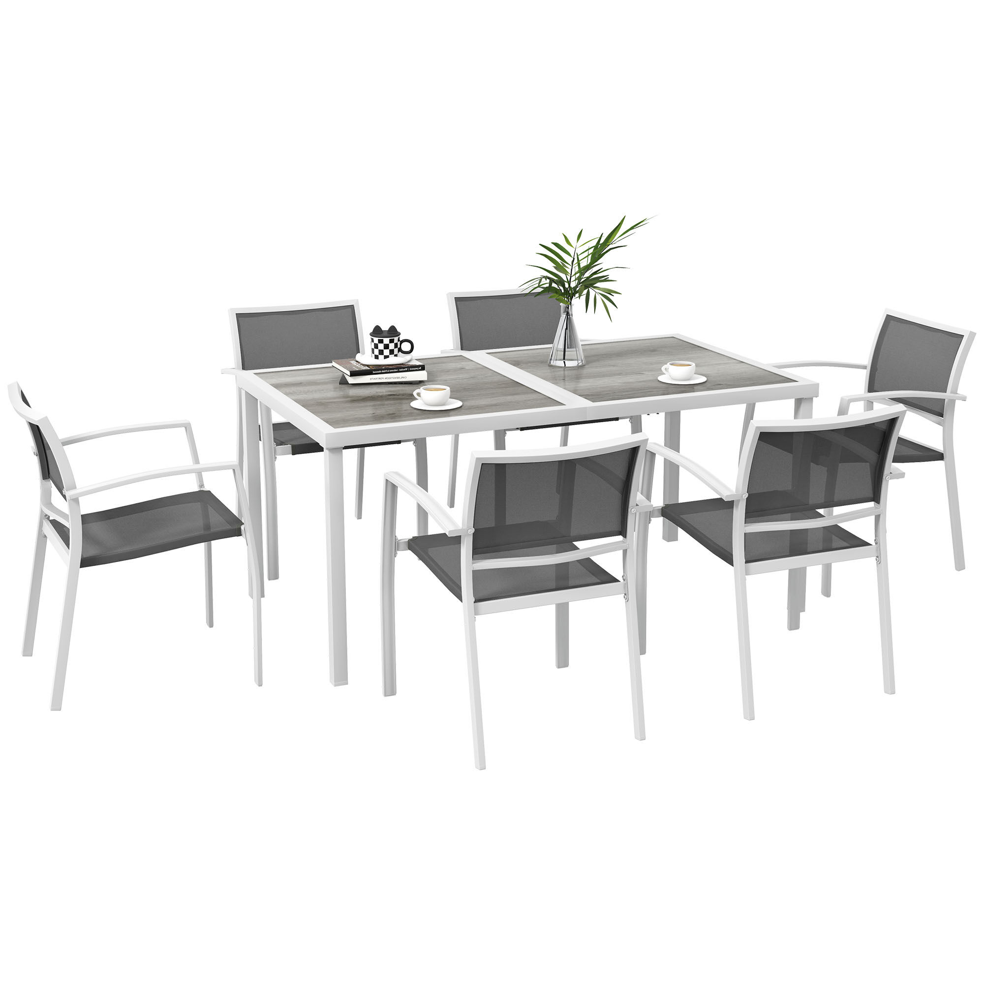 Outsunny Conjunto de Comedor de Exterior Juego de Comedor de Jard&iacute;n de 7 Piezas con 1 Mesa y 6 Sillas Apilables Estilo Moderno para Terraza Patio Blanco y Gris, , large Imagen numero 1