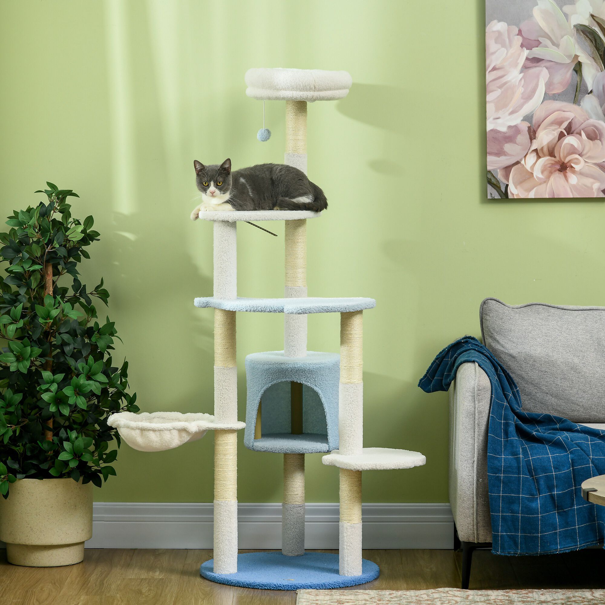 PawHut &Aacute;rbol Rascador para Gatos Grandes de 155 cm Torre para Gatos de Interior con Postes de Sisal Cueva Cama Hamaca y Bola de Juguete &Oslash;54,5x155 cm Blanco y Azul, , large Imagen numero 2