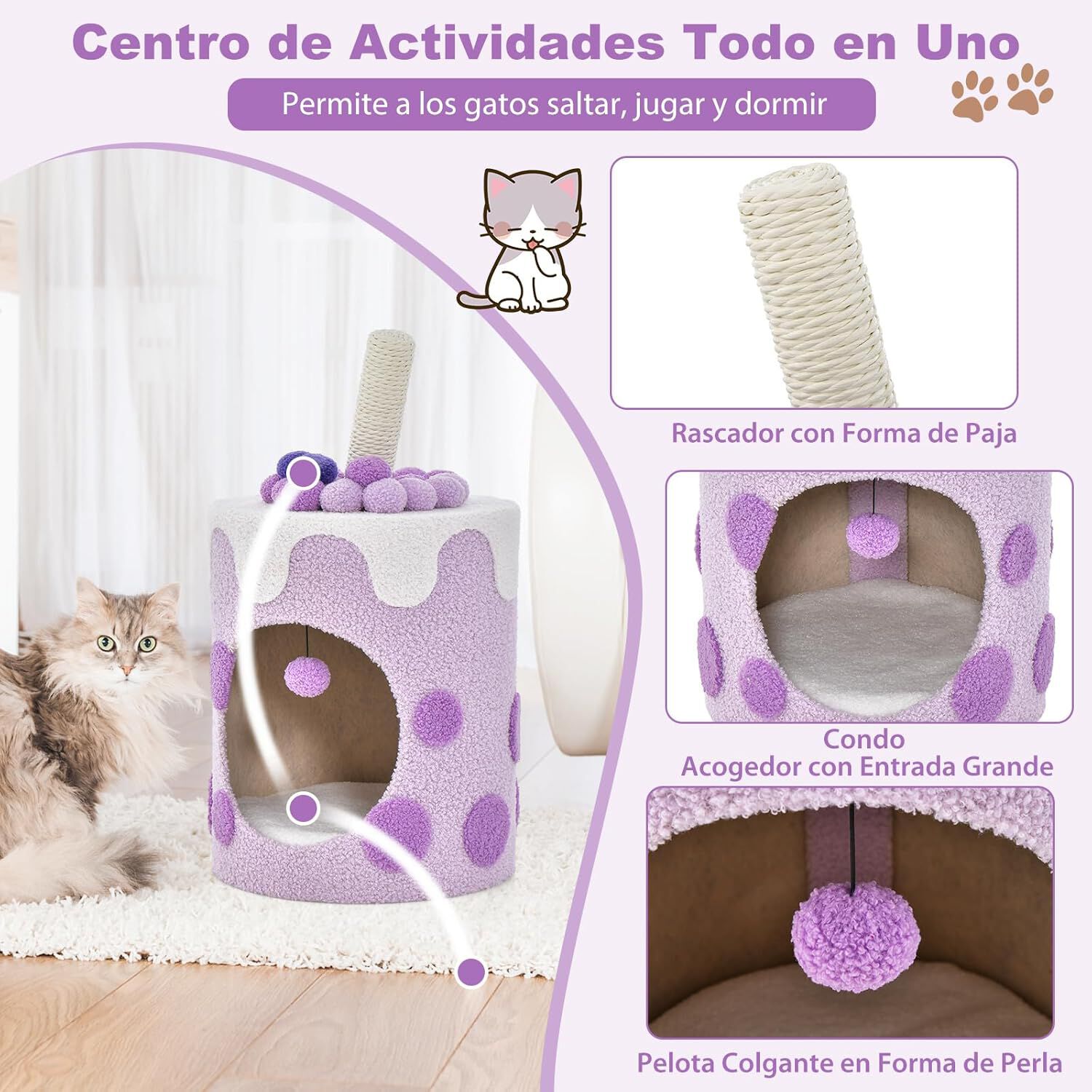COSTWAY Torre de &Aacute;rbol para Gatos en Forma de T&eacute; de Burbujas, Condominio para Gatos, Cueva para Gatos con Rascador de Sisal y Bola Colgante (Morado y Blanco), , large Imagen numero 3