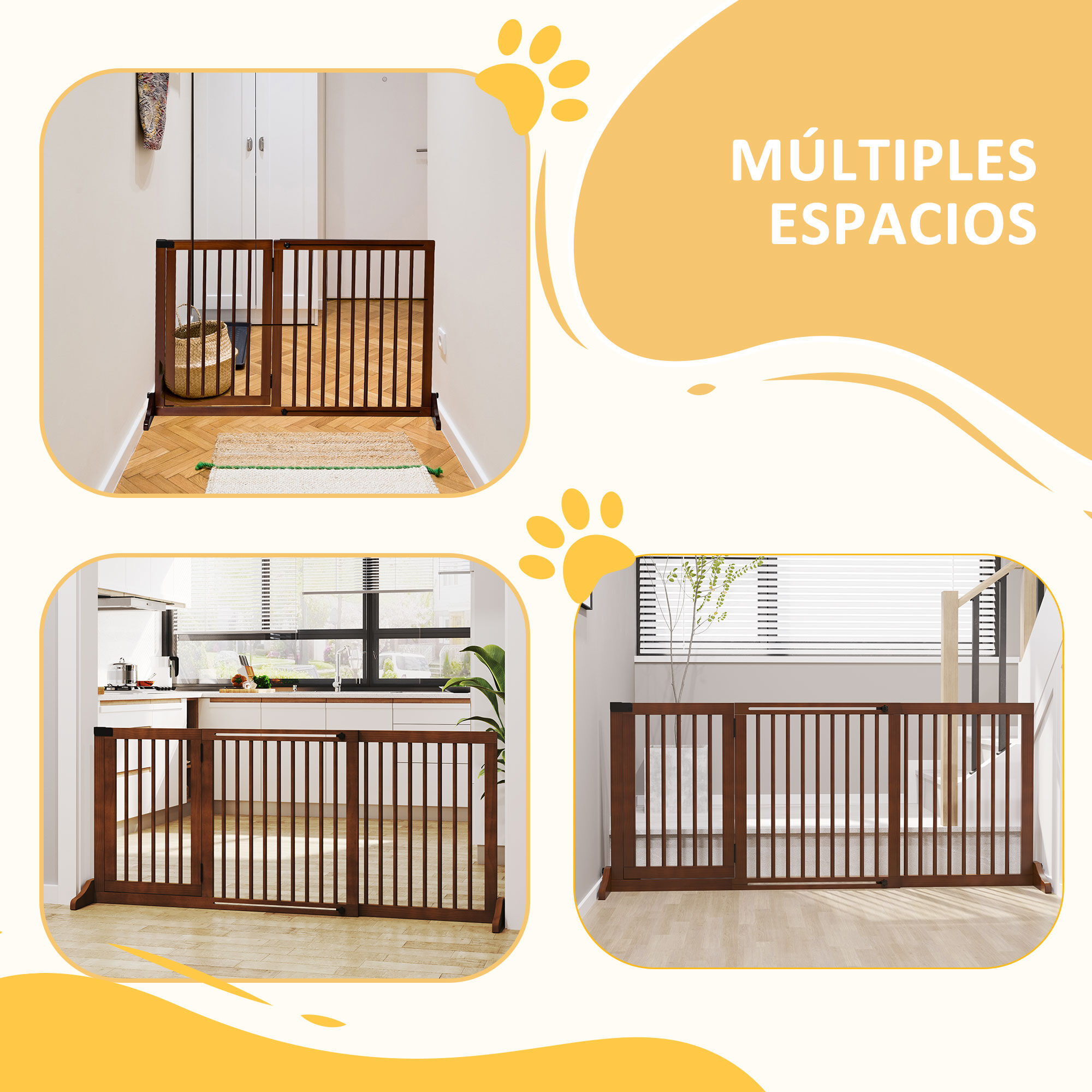 PawHut Barrera para Perros Extensible Barrera de Seguridad para Perros de 3 Paneles con Longitud Ajustable Marco de Madera y Soporte de Pie 113-166x36x71 cm Marr&oacute;n, , large Imagen numero 5
