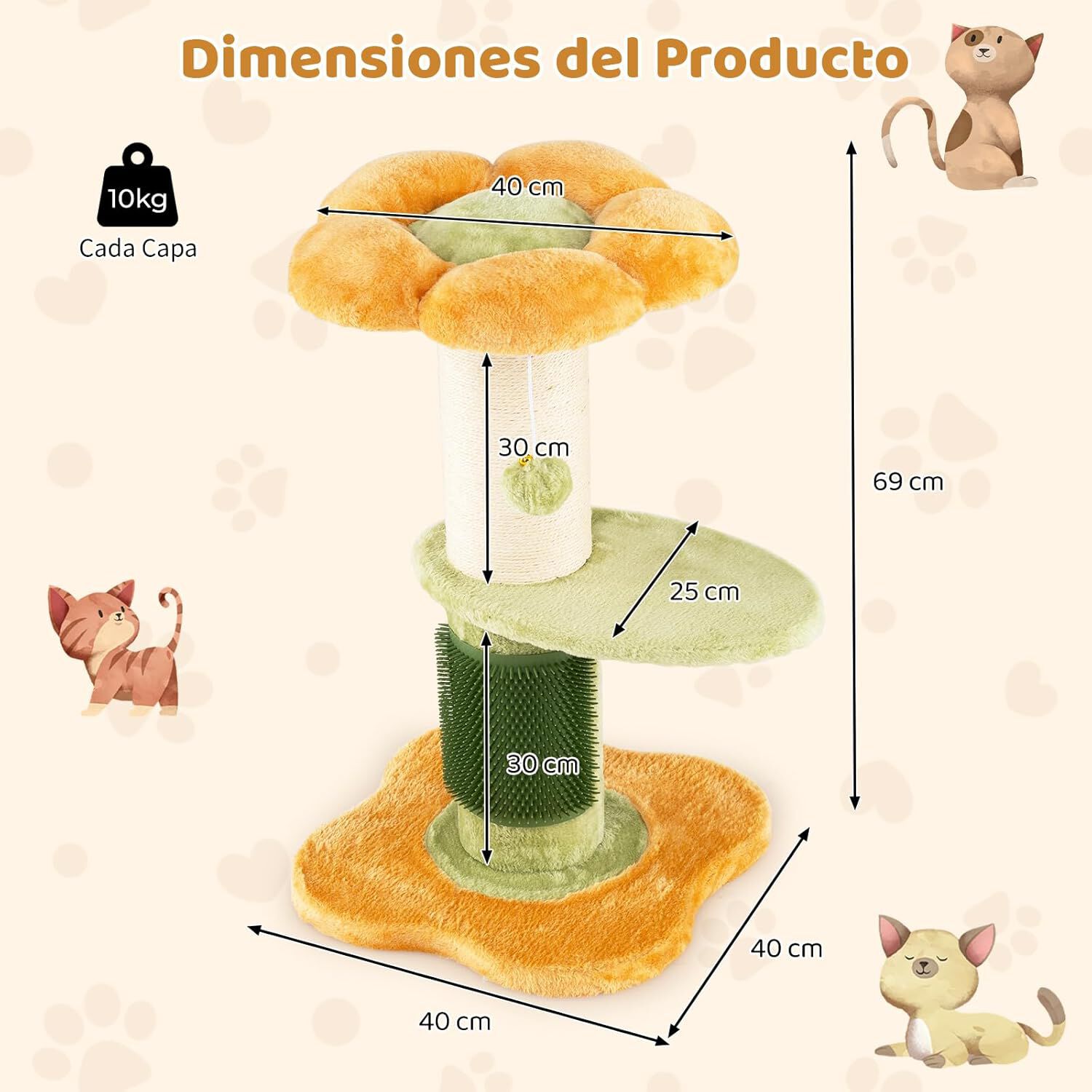 COSTWAY &Aacute;rbol Rascador para Gatos 60cm, Dise&ntilde;o Flores, Torre Peque&ntilde;a para Gatitos con Cama Acolchada de Tela Plush, Poste Rascador de Sisal, Bola Colgante, &Aacute;rbol Pequ&ntilde;o para Gatos, Interior (Amarillo), , large Imagen numero 5