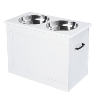 PawHut Comedero Doble Elevado Blanco con almacenaje para perros