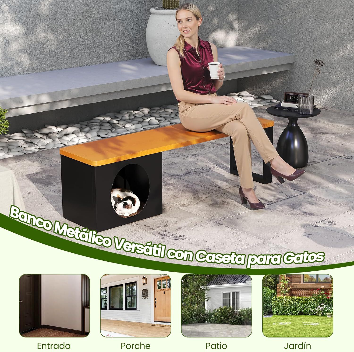 COSTWAY Banco de Exterior de 150 cm con Casa para Gatos, Banco Largo de Metal con Agujero para Gatos y Almohadilla Rascadora, Soporte 450 kg para 3 Personas, Ideal para Jardín, Patio, Entrada y Porche thumbnail