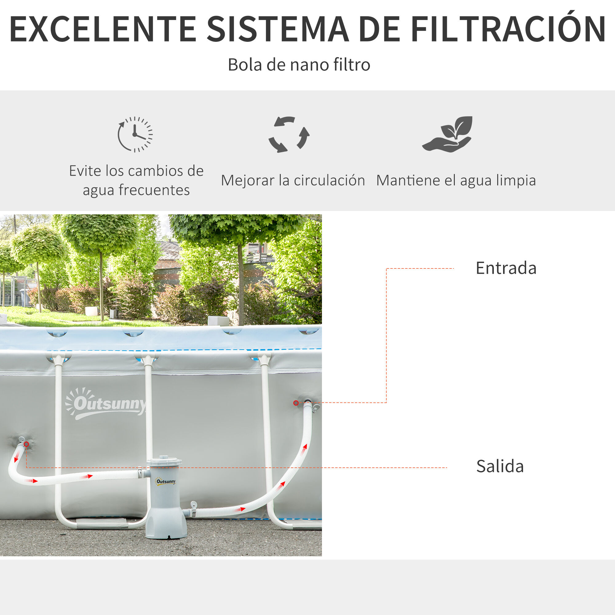 Outsunny Piscina Desmontable 440x240x122 cm Piscina Rectangular de Exterior con Depuradora de Cartucho 4,000 L/H y Marco de Acero 9760 L Gris, , large Imagen numero 4