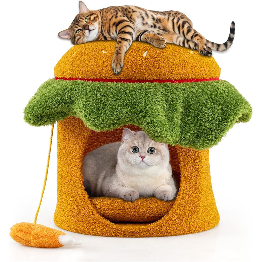 COSTWAY Cama para Gatos para Interior, Casa para Gatos en Forma de Hamburguesa con Percha Acolchada, Juguete Colgante de Peluche, Coj&iacute;n Desmontable y Lavable, 37x37x41 cm, Cueva para Gato, , large Imagen numero 1