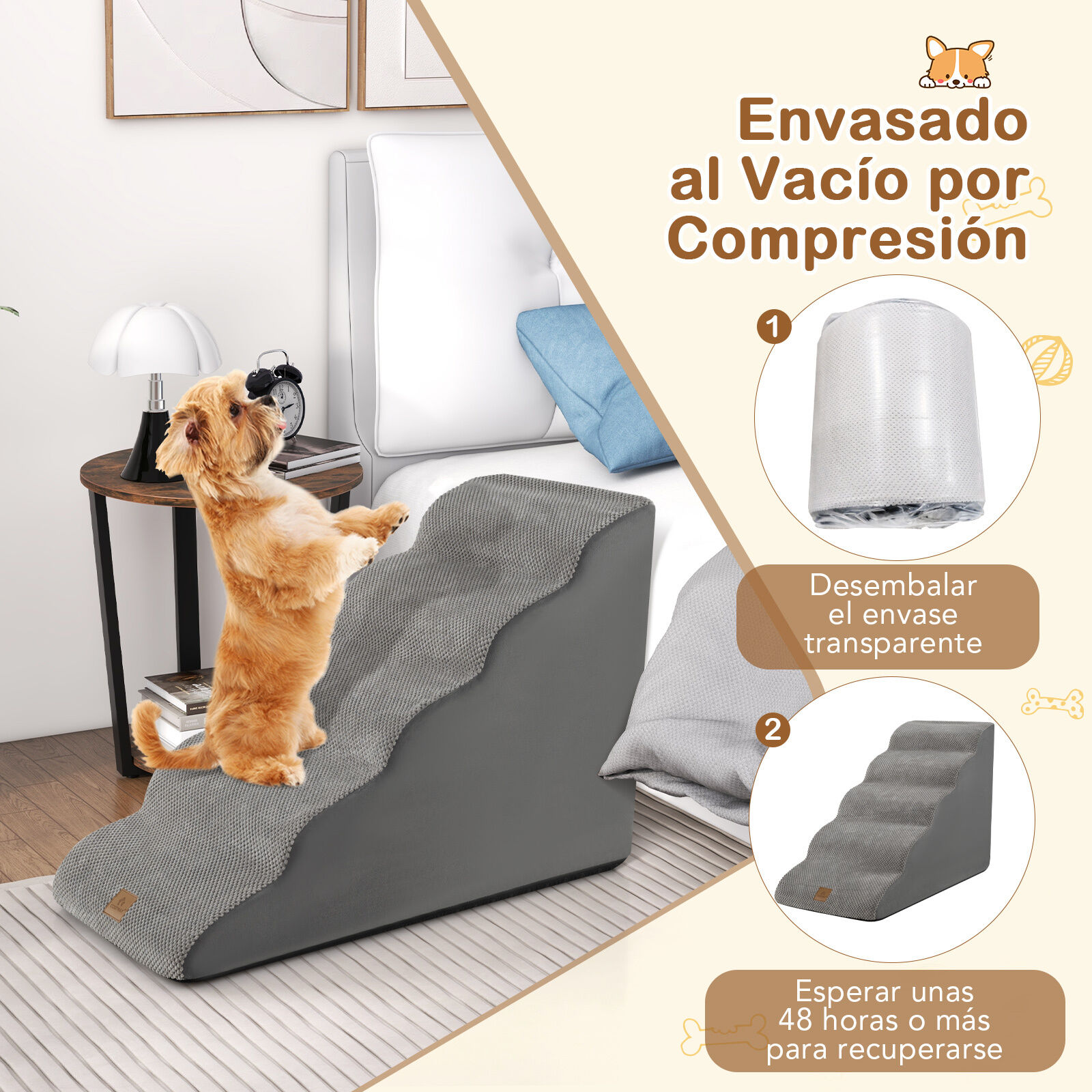COSTWAY Rampa para Perro de Espuma, Escalera para Mascotas de 5 Niveles con Funda Lavable con Base Antideslizante (Gris), , large Imagen numero 3