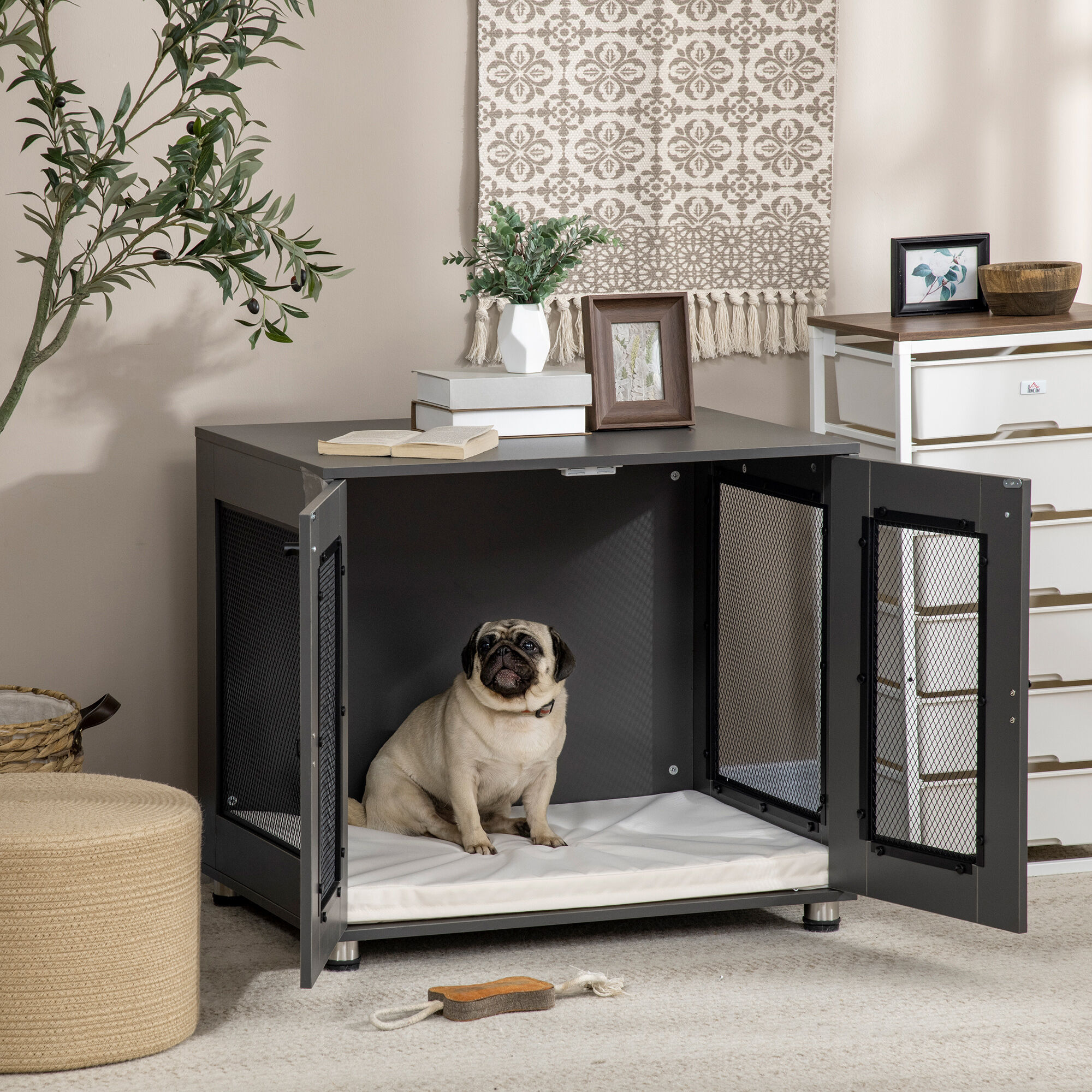 PawHut Jaula para Perros Medianos Mesa Auxiliar 80x55x70 cm con 2 Puertas con Pestillo Coj&iacute;n de Tela Oxford Extra&iacute;ble y Rejillas de Acero Perrera para Interiores Gris, , large Imagen numero 2