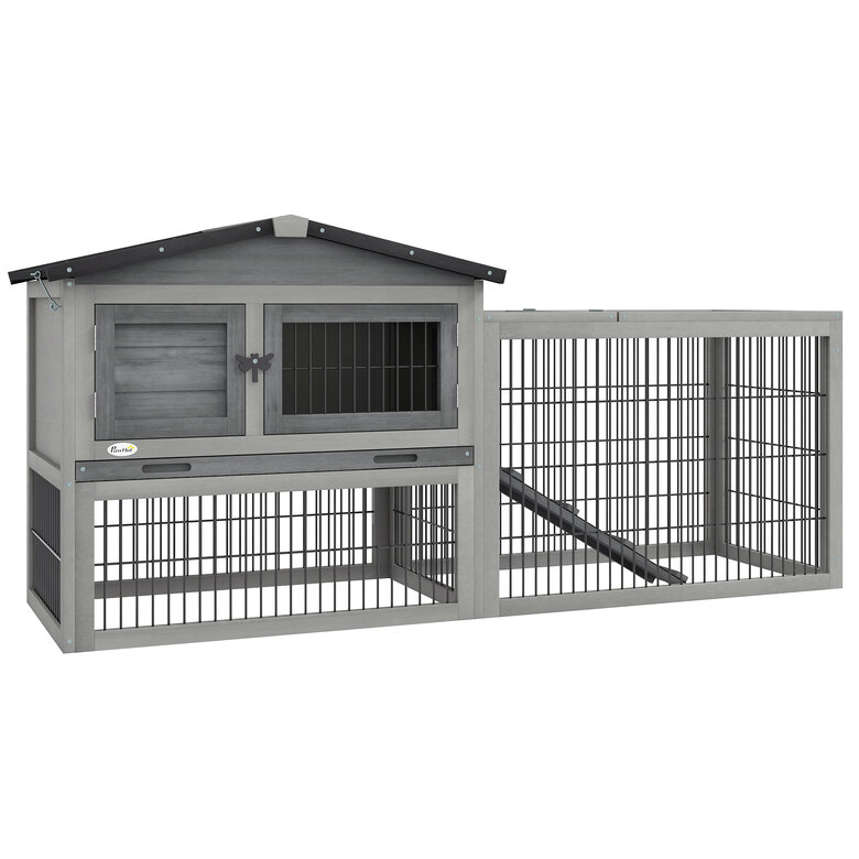 PawHut Conejera Exterior de Madera 150x52x68 cm Jaula para 1-2 Conejos Grande con Techo Asfáltico Abatible Bandeja Extraíble y Rampa Gris