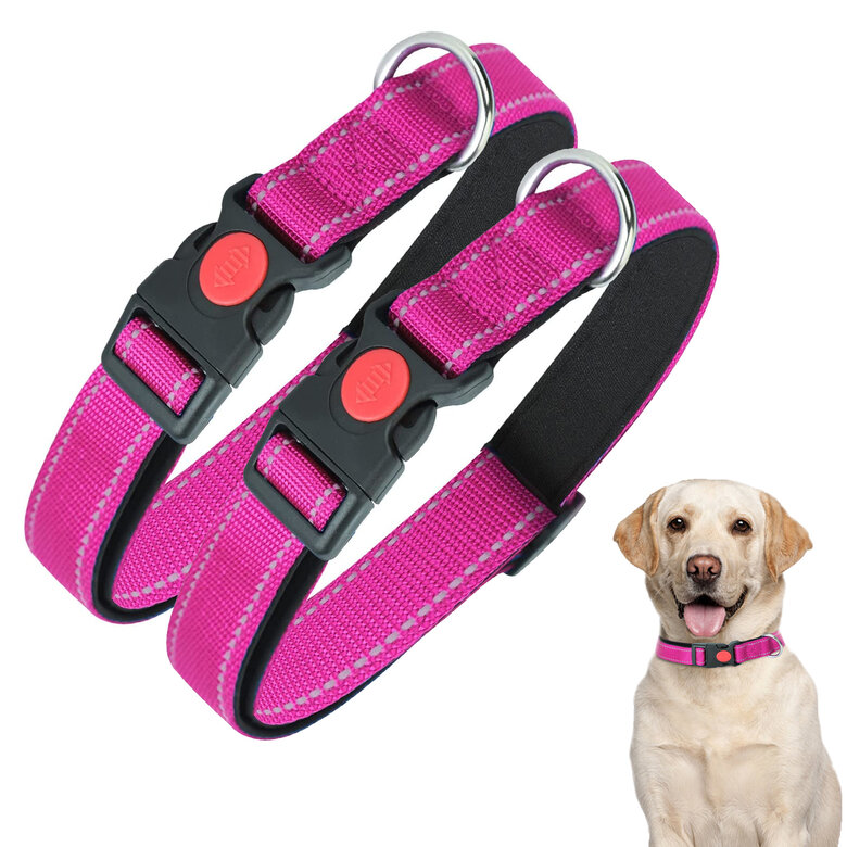 Nobleza - 2× Collar Perro, Collar Nylon Reflectante Suave Acolchado para Perros, Ajustable Collar Perro Grande con Cerradura de Seguridad, Collares de Entrenamiento para Perros (L, Rosa)