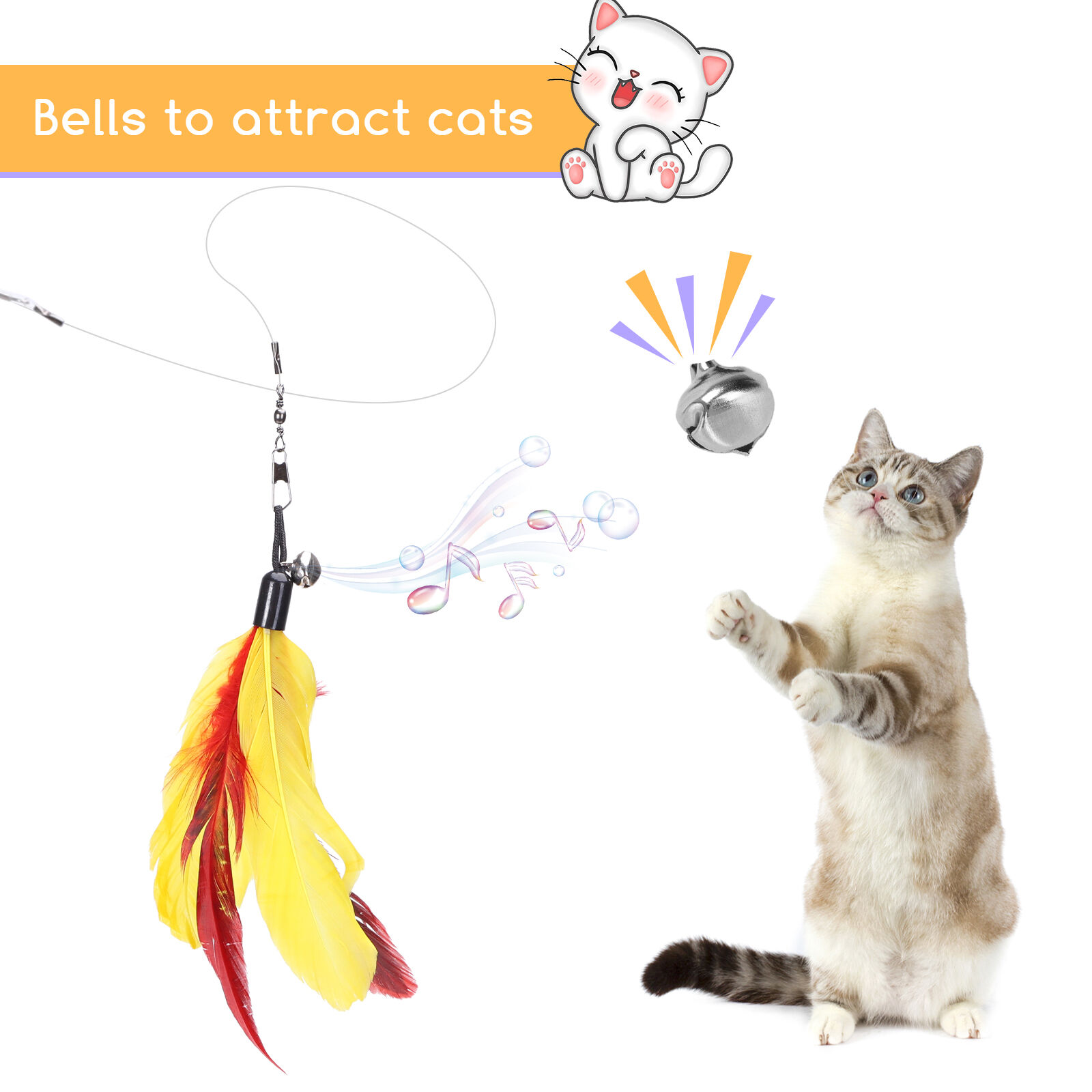 Nobleza - Juguete Pluma de Gato Interactivo 12 Piezas, 2 Varitas Divertidas Retr&aacute;ctiles y 10 Teaser，Juguete Interactivo con Plumas，Juguetes para Gatos con Campana(10PCS）, , large Imagen numero 2