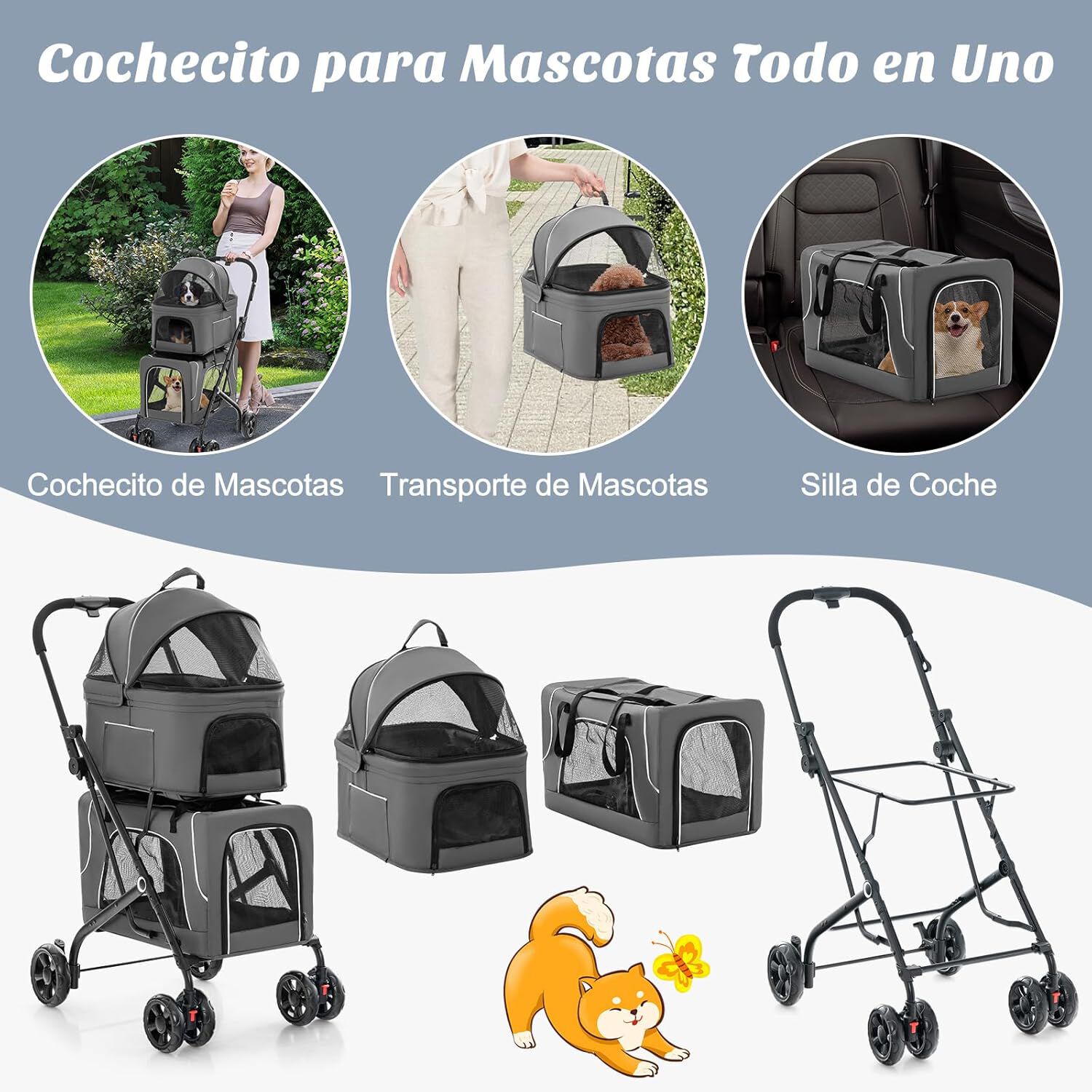 COSTWAY Cochecito para Perros Plegable, 3 en 1 Carrito para 2 Perros o Gatos, con 2 Transportines Desmontables, Cinturón de Seguridad, Cojines Desmontables, Carrito de Viaje para Mascotas (Gris) thumbnail