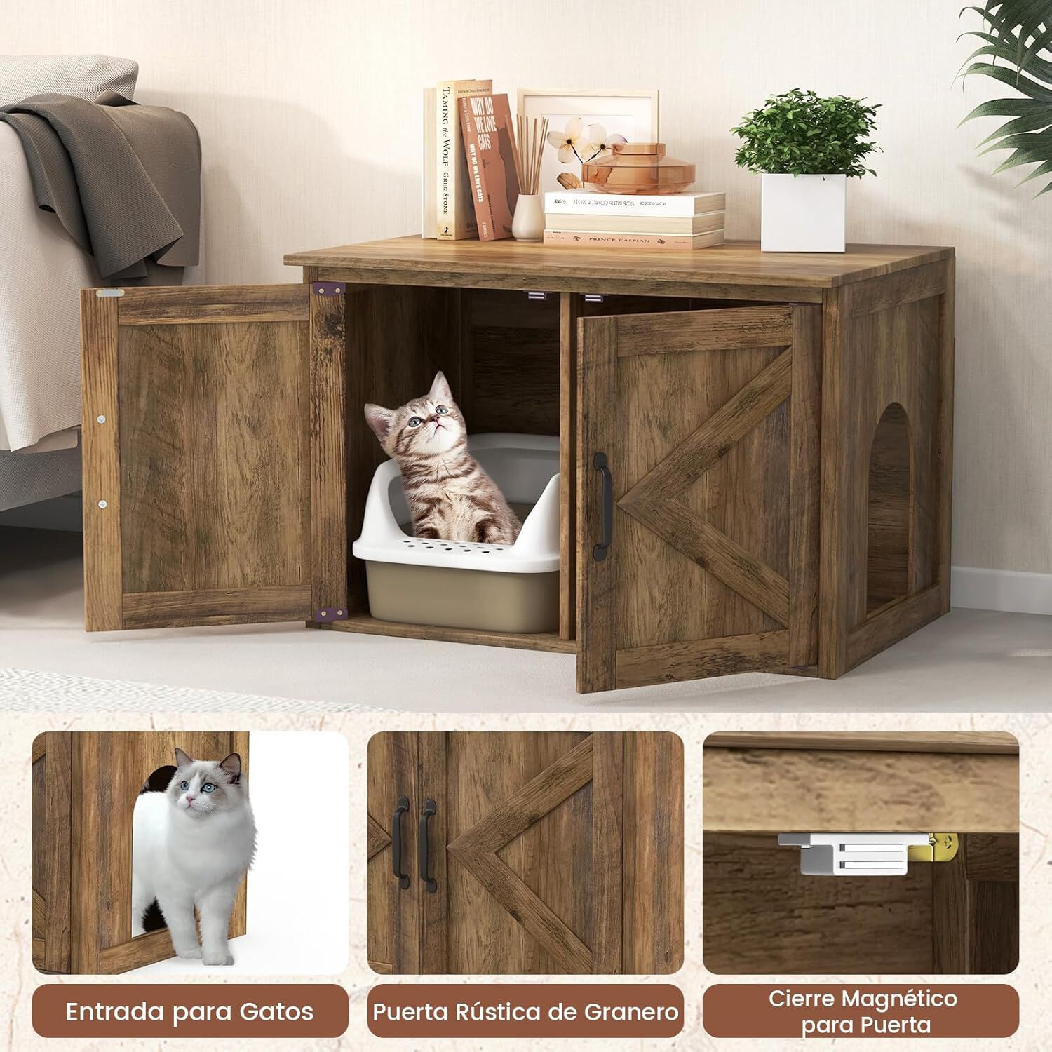 COSTWAY Mueble Arenero para Gatos, Ba&ntilde;o para Gatos con Puertas de Granero Dobles, Tapa Abatible, 80 x 54 x 53,5 cm, Casa para Gato para Interiores, Divisor Removible, Entrada Lateral, Roble, , large Imagen numero 4