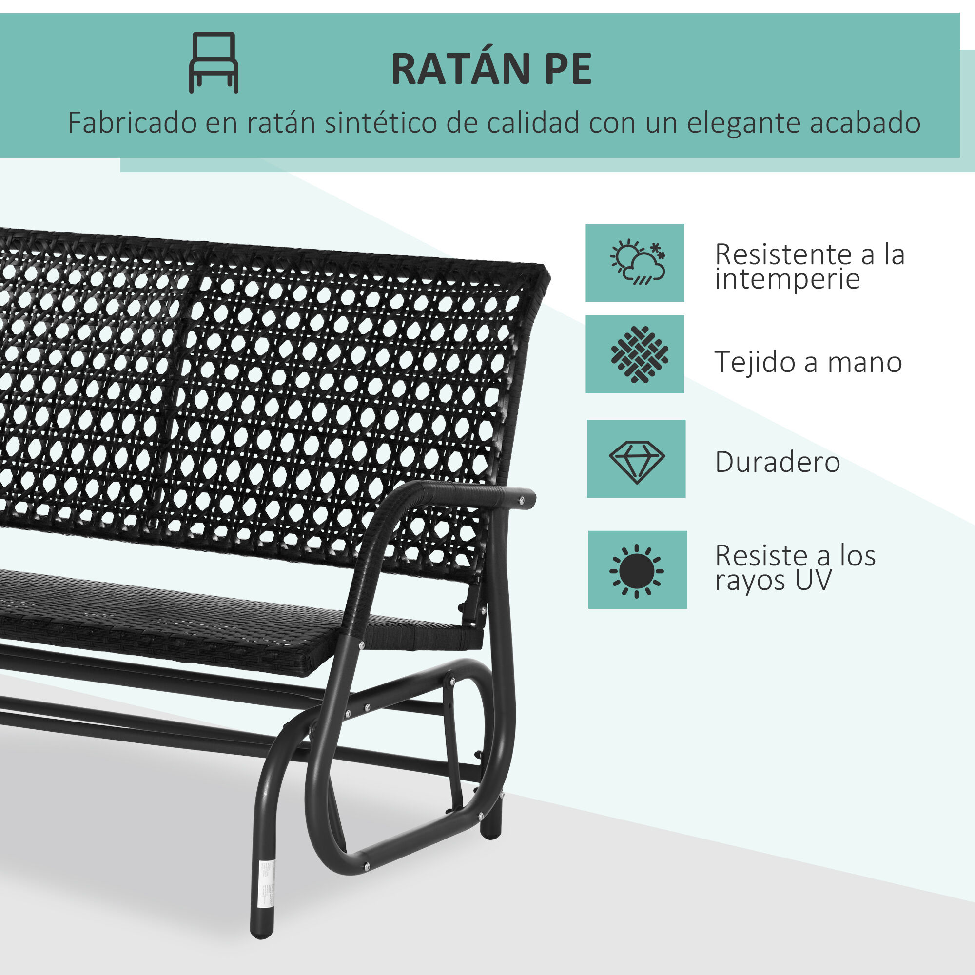 Outsunny Mecedora de Rat&aacute;n de 2 Plazas Banco Balanc&iacute;n de Jard&iacute;n con Balanceo Ergon&oacute;mico y Marco de Metal para Terraza Balc&oacute;n Exterior Patio Hotel Carga 220 kg 120x70x84 cm Negro, , large Imagen numero 5