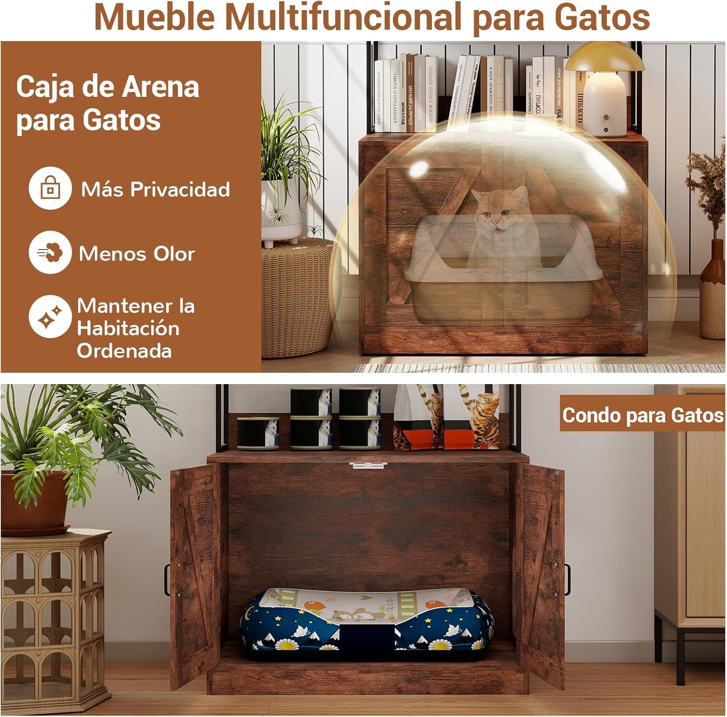 COSTWAY Mueble Arenero para Gatos, Caja de Arena Grande para Tirar Muebles Oculto para Ba&ntilde;o con Estantes de 3 Niveles, 4 Ganchos, Armario con 2 Puertas, Entrada Lateral, 80x48x145 cm (Marr&oacute;n + Negro), , large Imagen numero 4