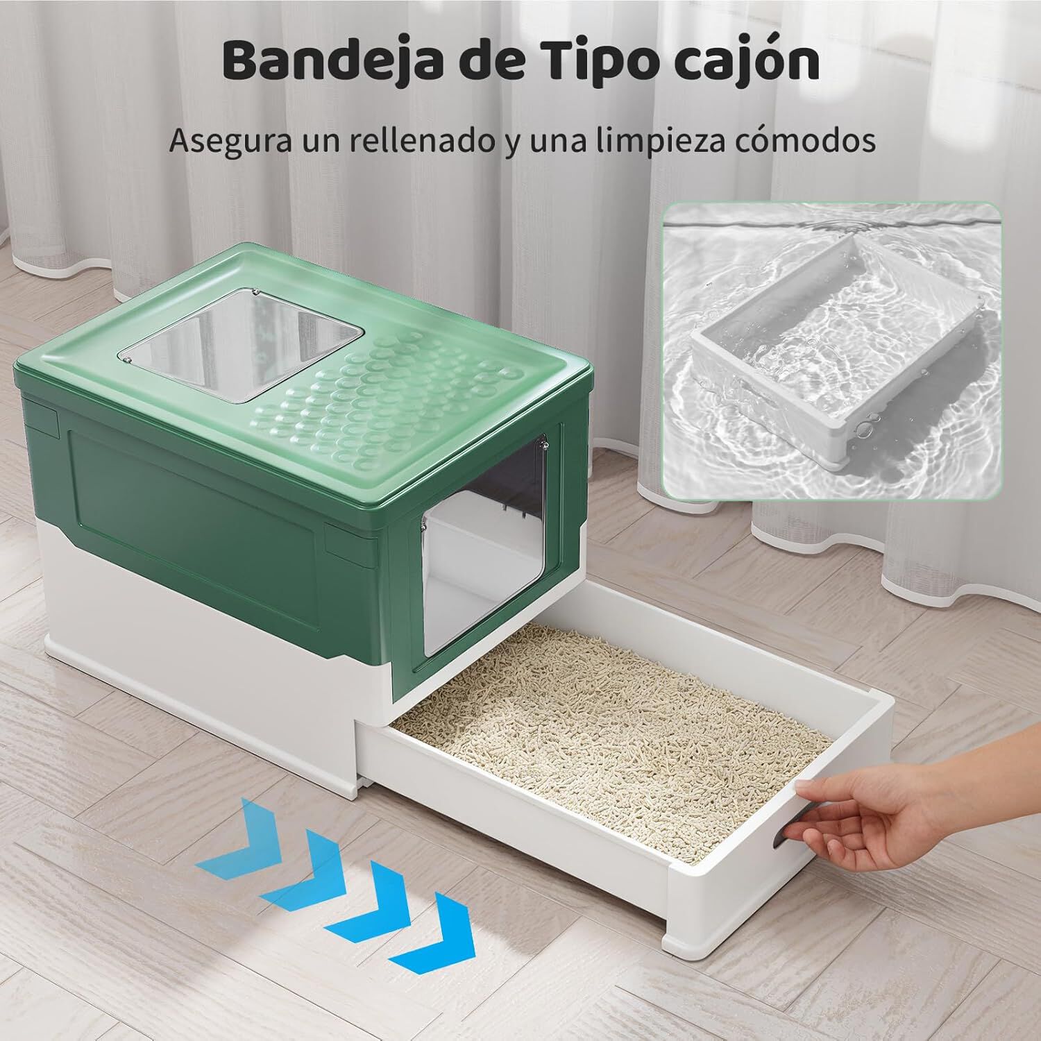 COSTWAY Arenero para Gatos Cubierto, Caja de Arena para Gatos Grande con Entrada Frontal y Salida Abatible, Bandeja Port&aacute;til, Caj&oacute;n, Arenero Cerrado Plegable para Gato, 50x38x37 cm (Verde + Blanco), , large Imagen numero 3