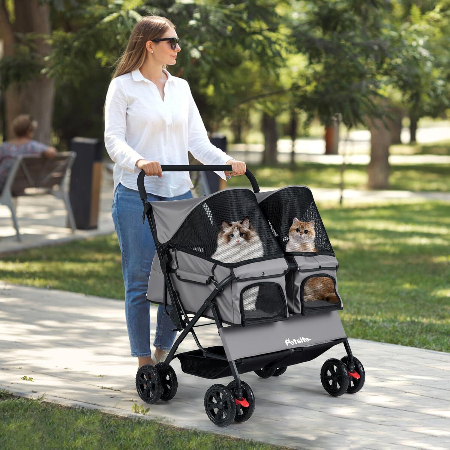 COSTWAY Carrito para Perros Doble, Cochecito Plegable para Perros con 2 Portabeb&eacute;s, Sombrilla Ajustable, Almohadilla Extra&iacute;ble, Cintur&oacute;n de Seguridad, Cesta, Carro Mascotas, Carga 12 kg uno (Gris), , large Imagen numero 2