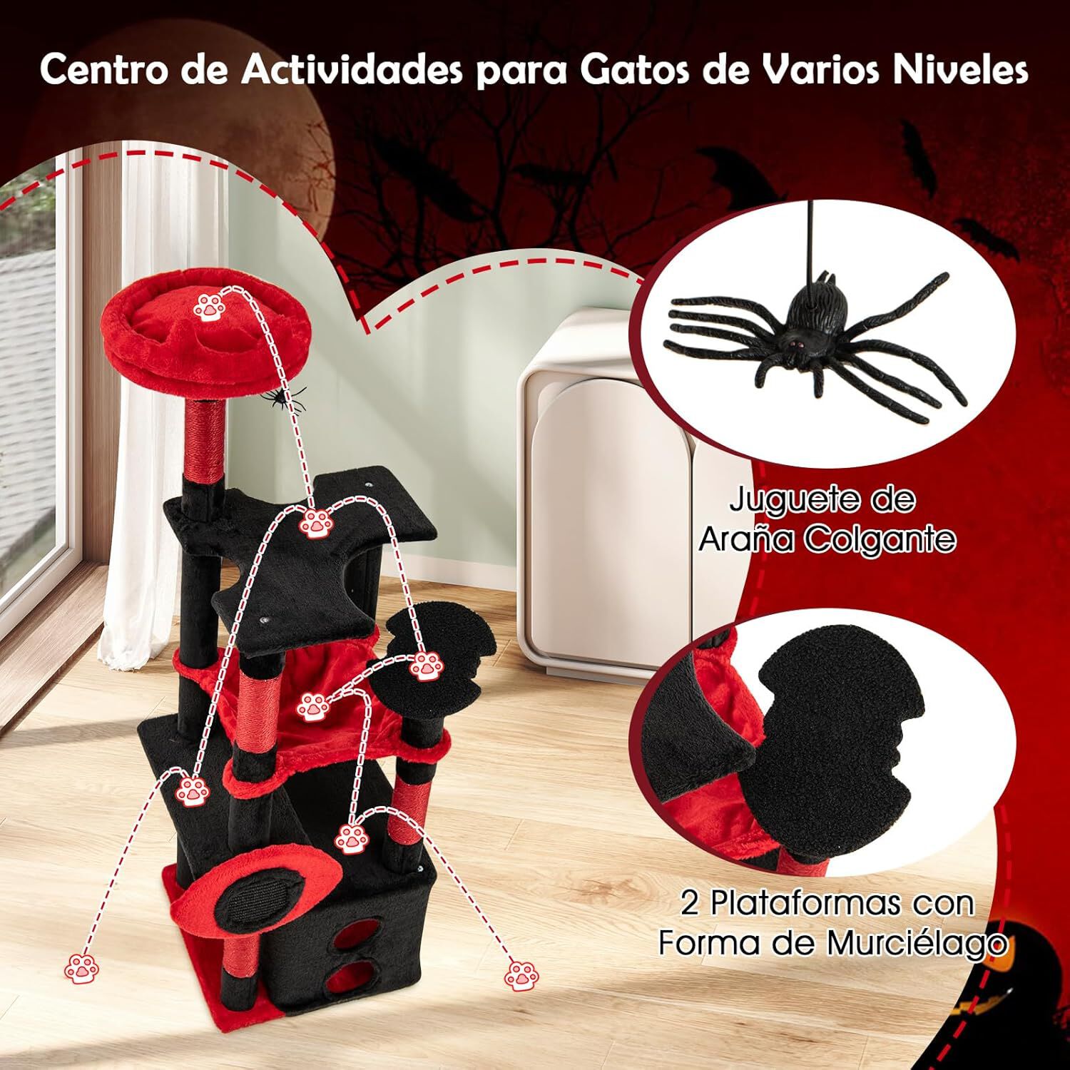 COSTWAY Rascador para Gatos G&oacute;tico de 133 cm, &Aacute;rbol para Gatos con Percha de Felpa, Juguete Colgante de Ara&ntilde;a, Tablero de Rascado, Hamaca, Plataformas Espeluznantes, Mueble Multinivel para Gatos, , large Imagen numero 4