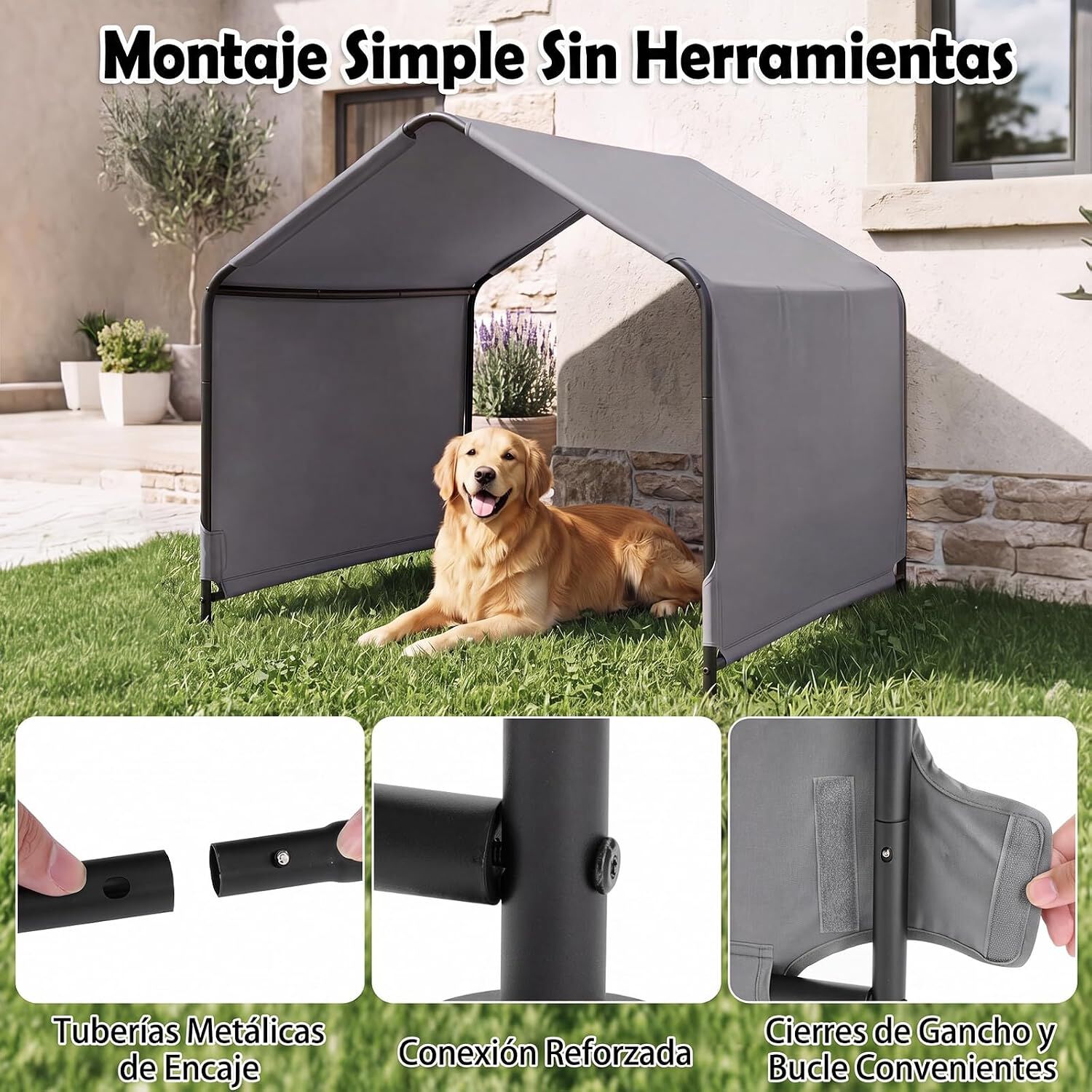 COSTWAY Sombras para Perros para Exterior, Caseta Perros Exterior con Techo Impermeable, Estacas de Tierra, Carpa con Toldo Resistente al Sol, 126 x 118 x 108 cm, Gris, , large Imagen numero 5