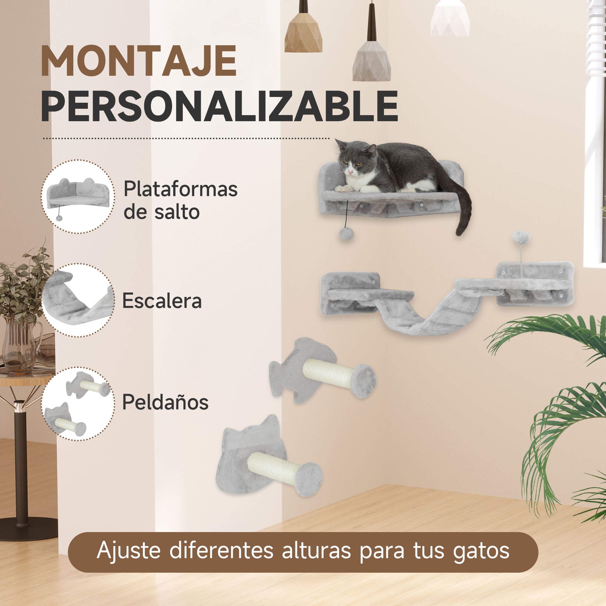 PawHut Juego de Estanterías para Gatos de 4 Piezas Rascador de Pared para Gatos con 2 Postes de Sisal Plataforma Doble con Escalera Suave y 1 Plataforma para Saltar Gris Claro thumbnail