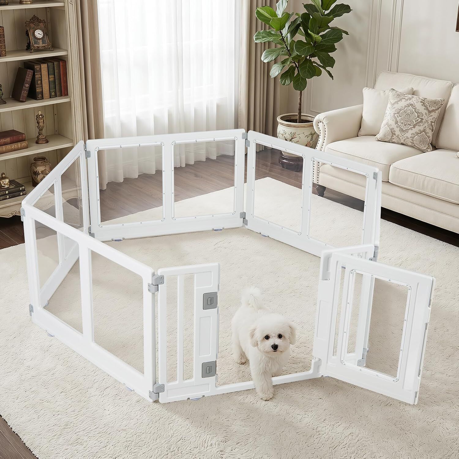 COSTWAY Parque para Cachorros Transparente con Cerradura Doble, Ventosas, F&aacute;cil Montaje, Valla de Seguridad para Perros Convertible para Interior y Exterior, 6 Paneles, , large Imagen numero 2