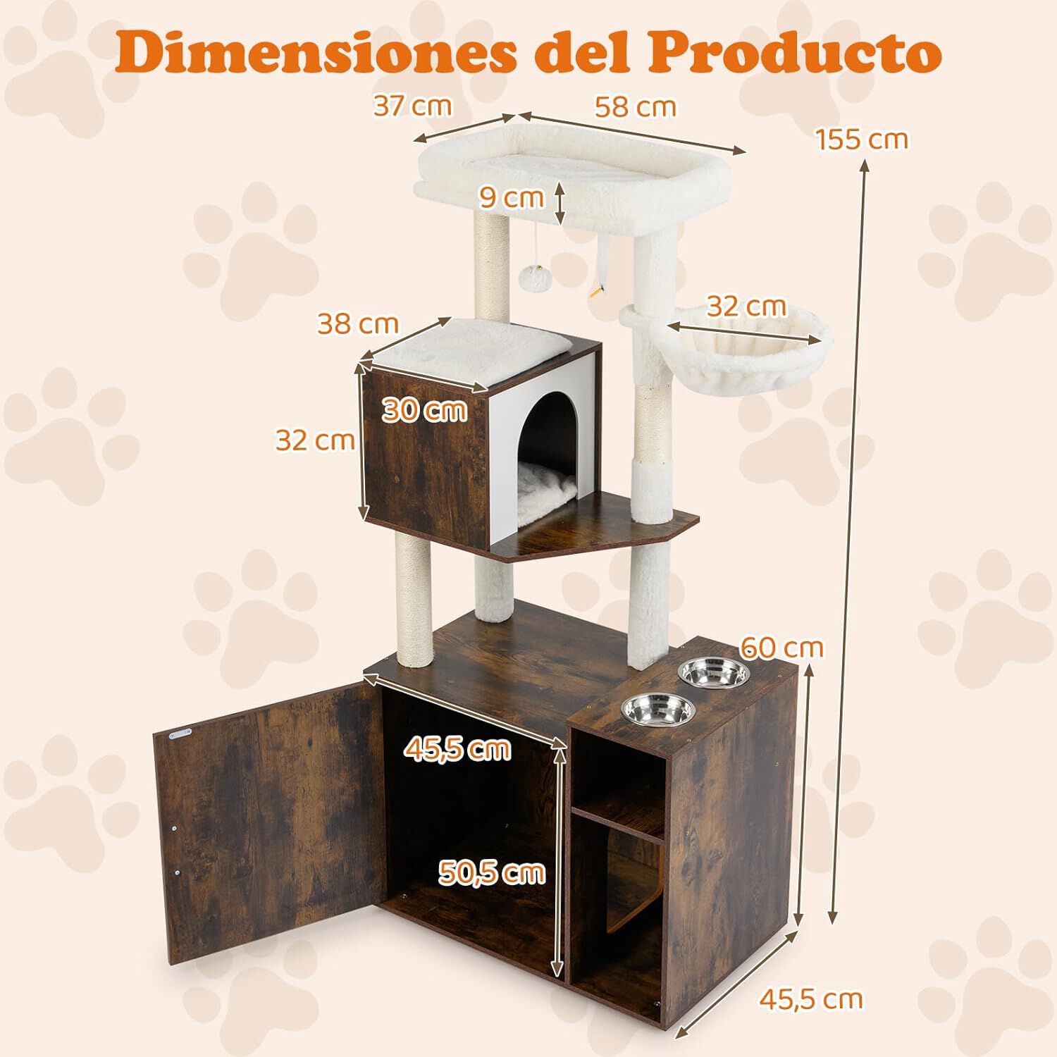 COSTWAY &Aacute;rbol Rascador con Caja de Arena para Gatos, Mueble Arenero Gatos con Poste y Alfombrilla Rascadora de Sisal, Pelota, Ba&ntilde;o Oculto, 2 Comederos, Caja de Arena Oculta Gato (Marr&oacute;n + Blanco), , large Imagen numero 5
