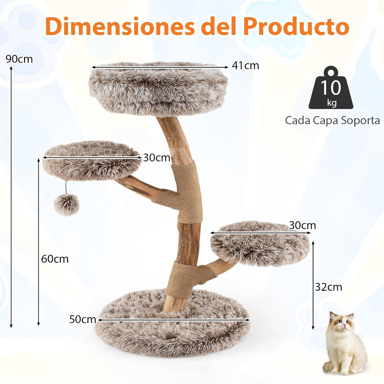 COSTWAY Rascador para Gatos, &Aacute;rbol para Gatos de Madera, Torre para Gatitos con Tronco de Peral S&oacute;lido con Plataforma, Centro de Actividades Moderno con Postes para Rascar de Sisal (Marr&oacute;n, 105 cm), , large Imagen numero 5
