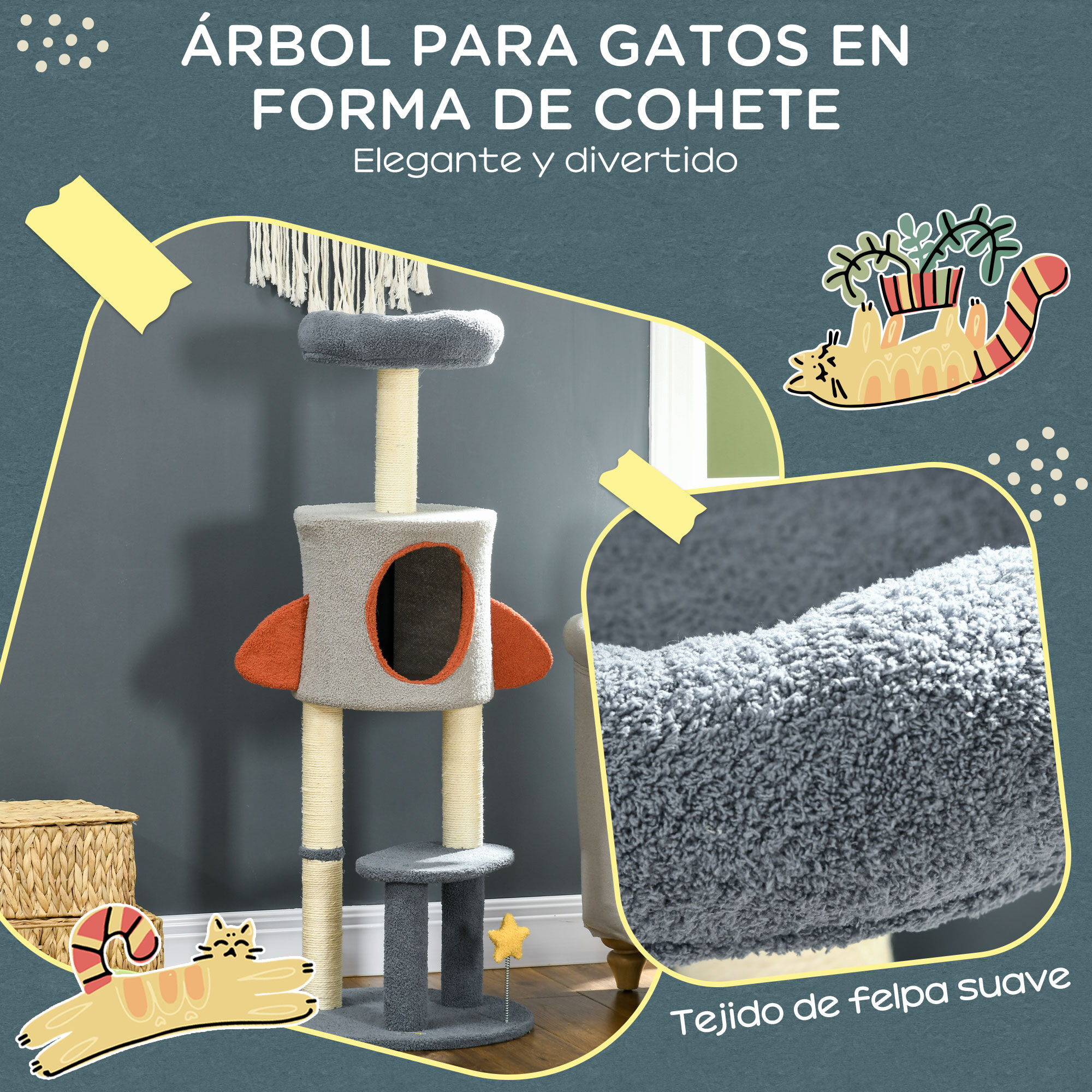 PawHut &Aacute;rbol Rascador para Gatos de 116 cm Tipo de Cohete Torre para Gatos Interior con Postes para Rascar Cama Cueva y Juguete Estrella &Oslash;44x116 cm Azul, , large Imagen numero 4