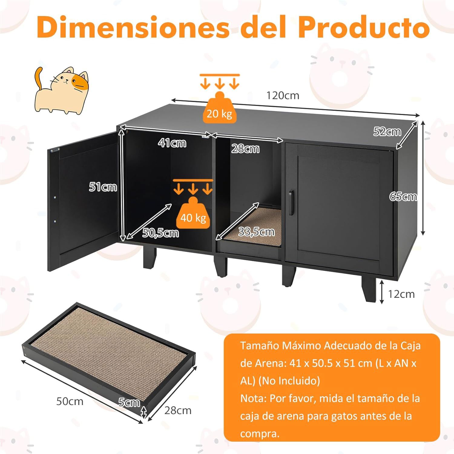 COSTWAY Cajas de Arena para Gatos, Casa de Ba&ntilde;o Oculto para Mascota con 2 Puertas, Arenero Cubierto con Entrada Sinuosa y Tablero Rascador, Mesa Auxiliar para Gatos 120 x 52 x 65 cm (Negro), , large Imagen numero 5