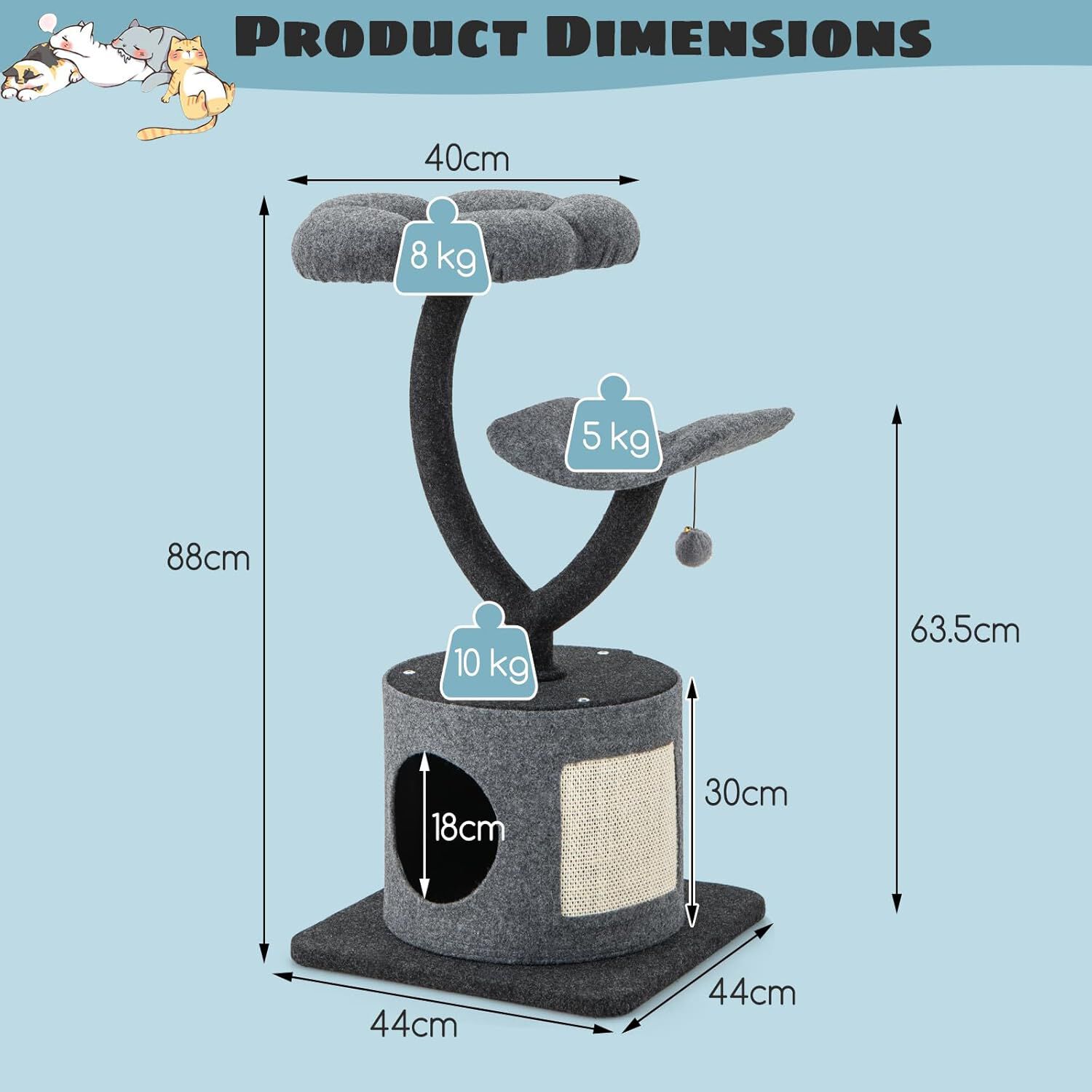 COSTWAY &Aacute;rbol para Gatos Altura 88 cm, Torre para Gatos con Marco de Soporte de Metal, Tabla Rascador de Sisal, 2 Plataformas, Condominio, Centro de Actividades de 3 Niveles para Gatos, , large Imagen numero 5
