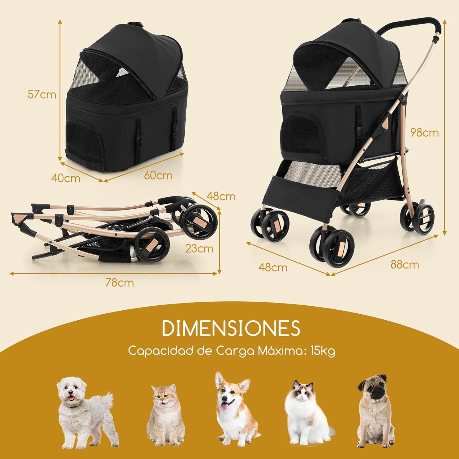 COSTWAY 3 en 1 Cochecito para Mascotas Plegable, Cochecito de Mascotas con Toldo Ajustable de 4 Niveles y Cesta de Almacenamiento, Carrito para Gatos con Porta Asiento de Coche Extra&iacute;ble (negro), , large Imagen numero 5