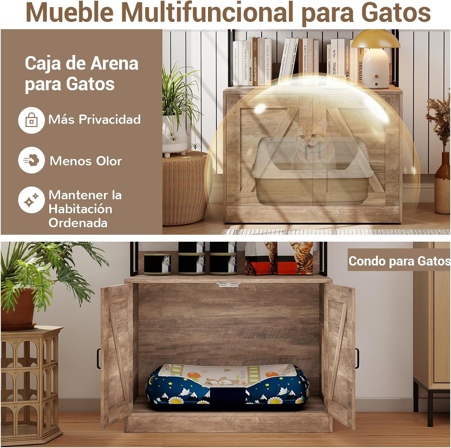 COSTWAY Mueble Arenero para Gatos, Caja de Arena Grande para Tirar Muebles Oculto para Ba&ntilde;o con Estantes de 3 Niveles, 4 Ganchos, Armario con 2 Puertas, Entrada Lateral, 80x48x145 cm (Gris + Negro), , large Imagen numero 4