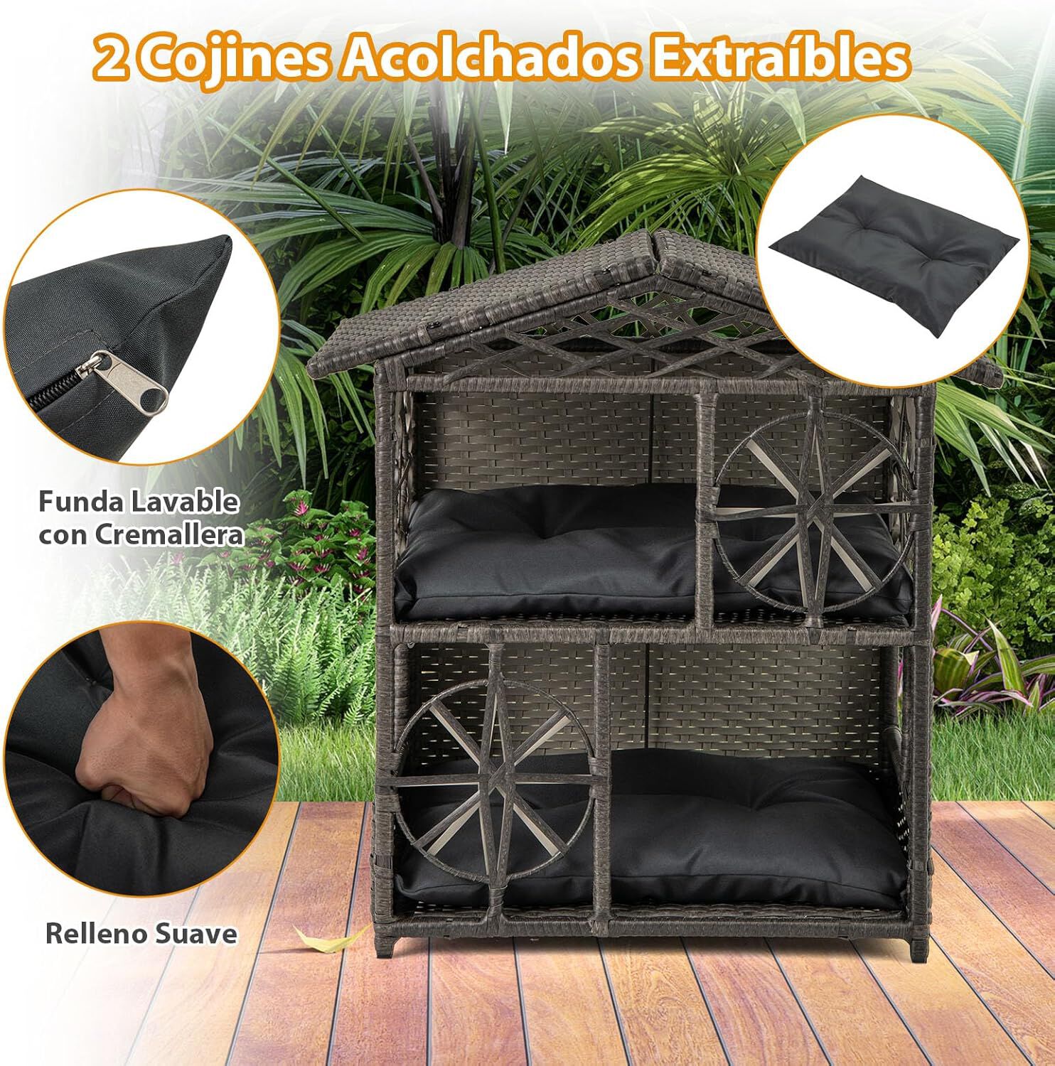 COSTWAY Casa para Gatos de Exterior con Rat&aacute;n PE, Condominio Elevado de 2 Niveles con 2 Cojines Extra&iacute;bles y Ventanas, Refugio para Mascotas con Techo Inclinado, 69 x 40,5 x 70 cm, , large Imagen numero 4