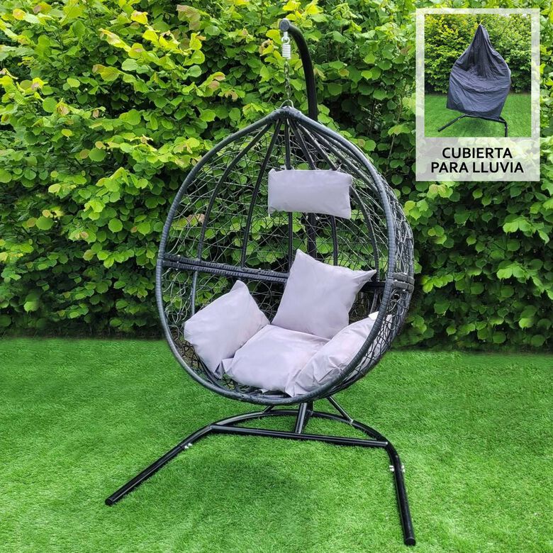 MonsterShop Silla Huevo Banco Colgante de Ratán Negra con Cojines thumbnail