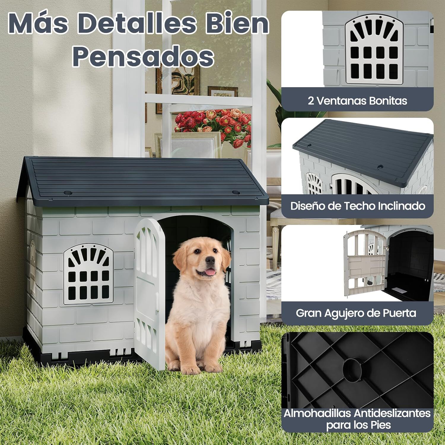 COSTWAY Caseta Perros de Pl&aacute;stico, Refugio para Mascotas con Puerta Bloqueable, 3 Ventanas, Techo Inclinado y Base con Orificios de Drenaje, Jaula Impermeable para Interior y Exterior (Gris), , large Imagen numero 4