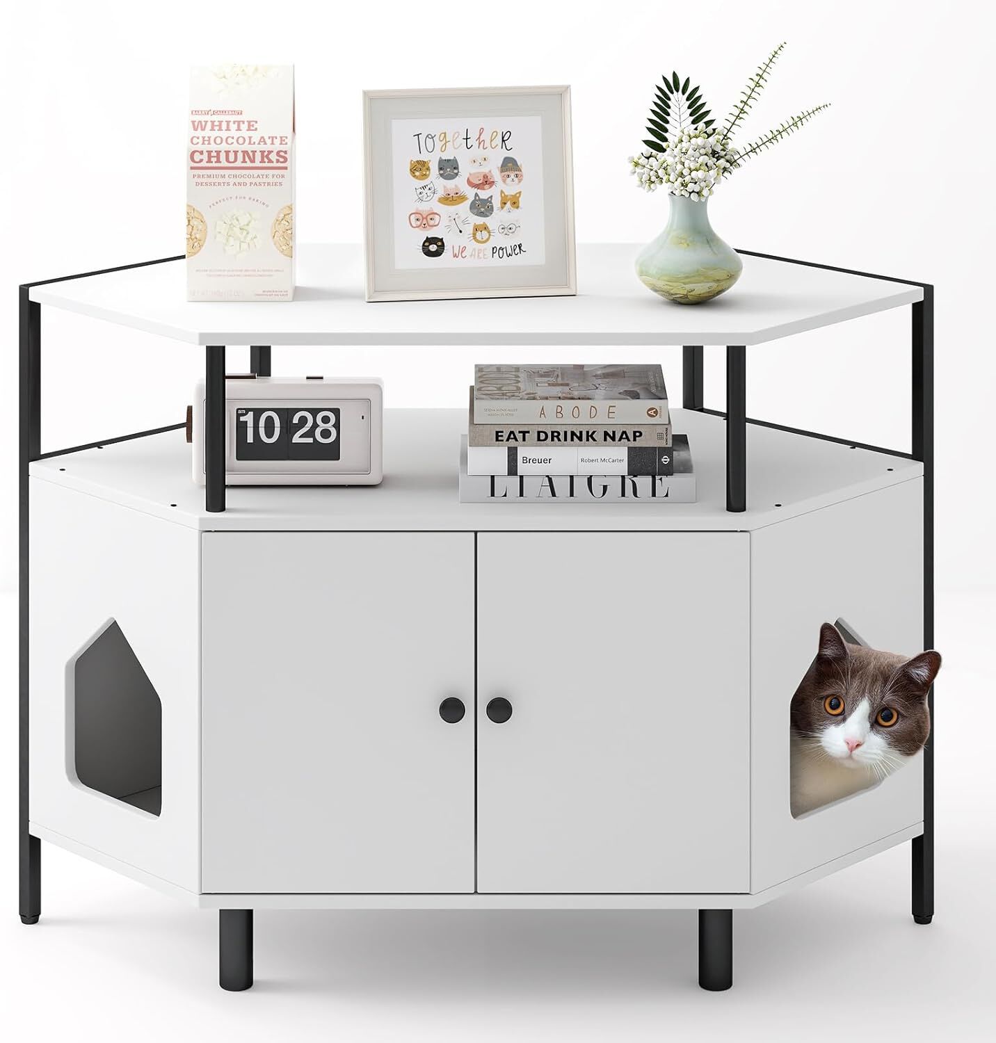 COSTWAY Mueble Arenero para Gatos, Casa Esquinera para Gatos de Madera con Estante Abierto, 2 Puertas, 2 Entradas y Patas de Metal, Casa de Ba&ntilde;o para Mascota, 105 x 50 x 73 cm (Blanco), , large Imagen numero 1