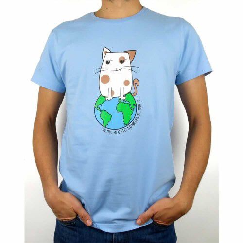 Camiseta hombre &quot;Un día mi gato dominará el mundo&quot; color Azul thumbnail