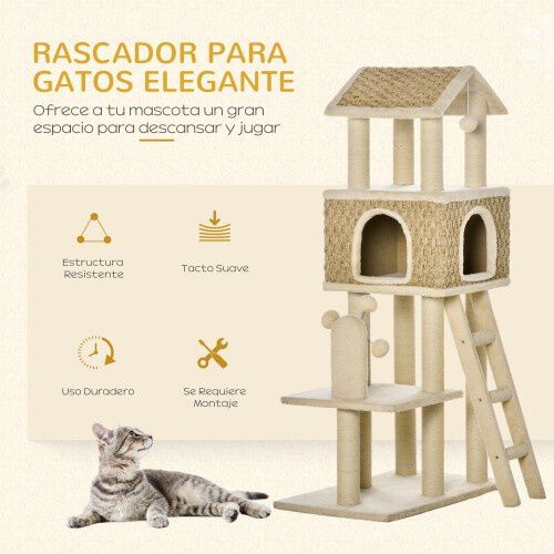 Pawhut &aacute;rbol rascador beige de sisal para gatos, , large Imagen numero 4